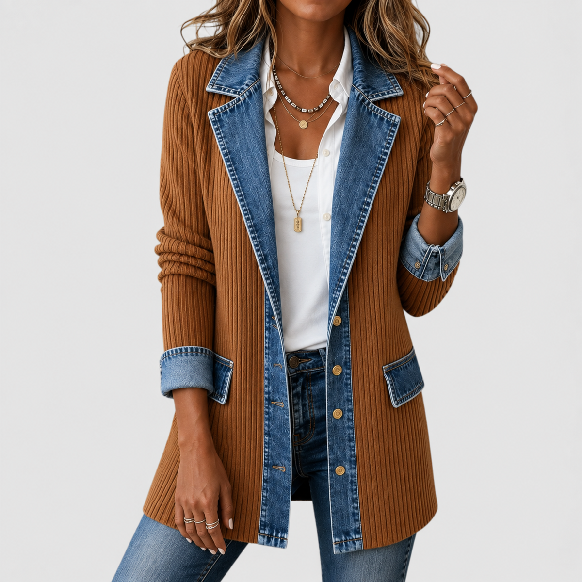 Denim Contrast Ribbed Knit Button Front Cardigan