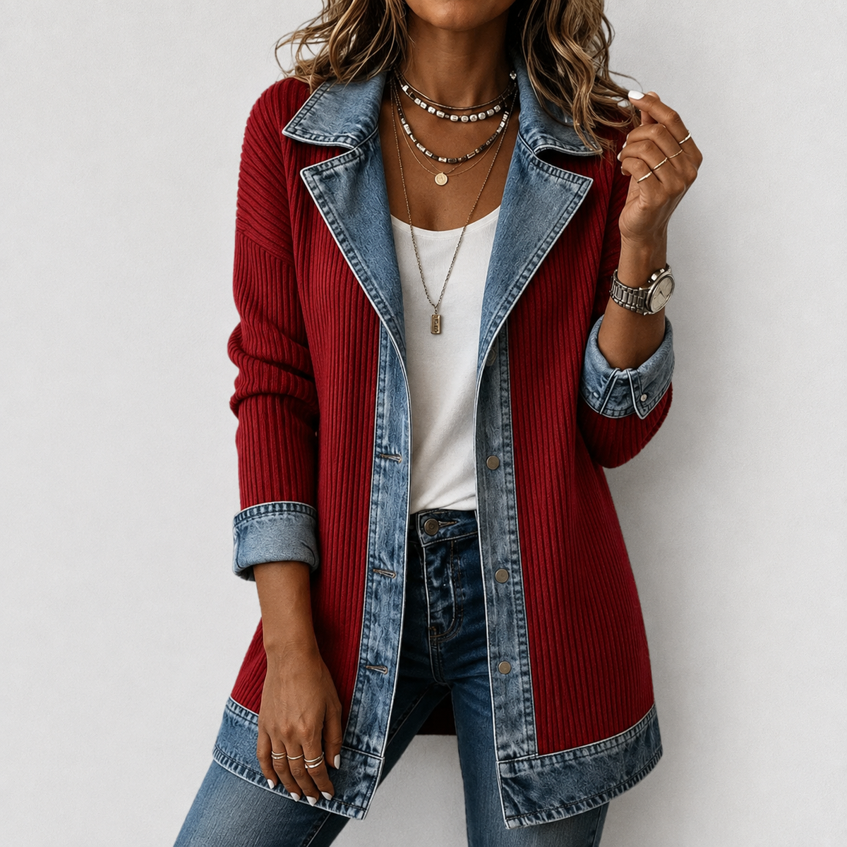 Denim Contrast Ribbed Knit Button Front Cardigan