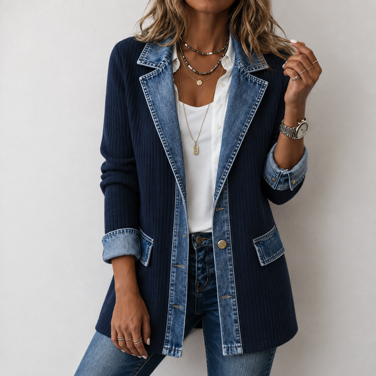 Denim Contrast Ribbed Knit Button Front Cardigan