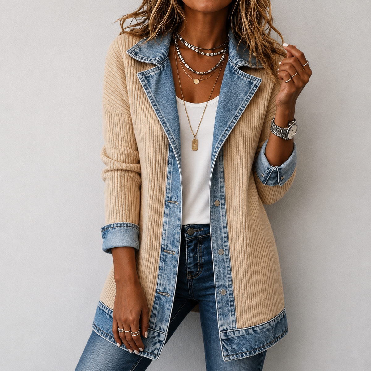 Denim Contrast Ribbed Knit Button Front Cardigan