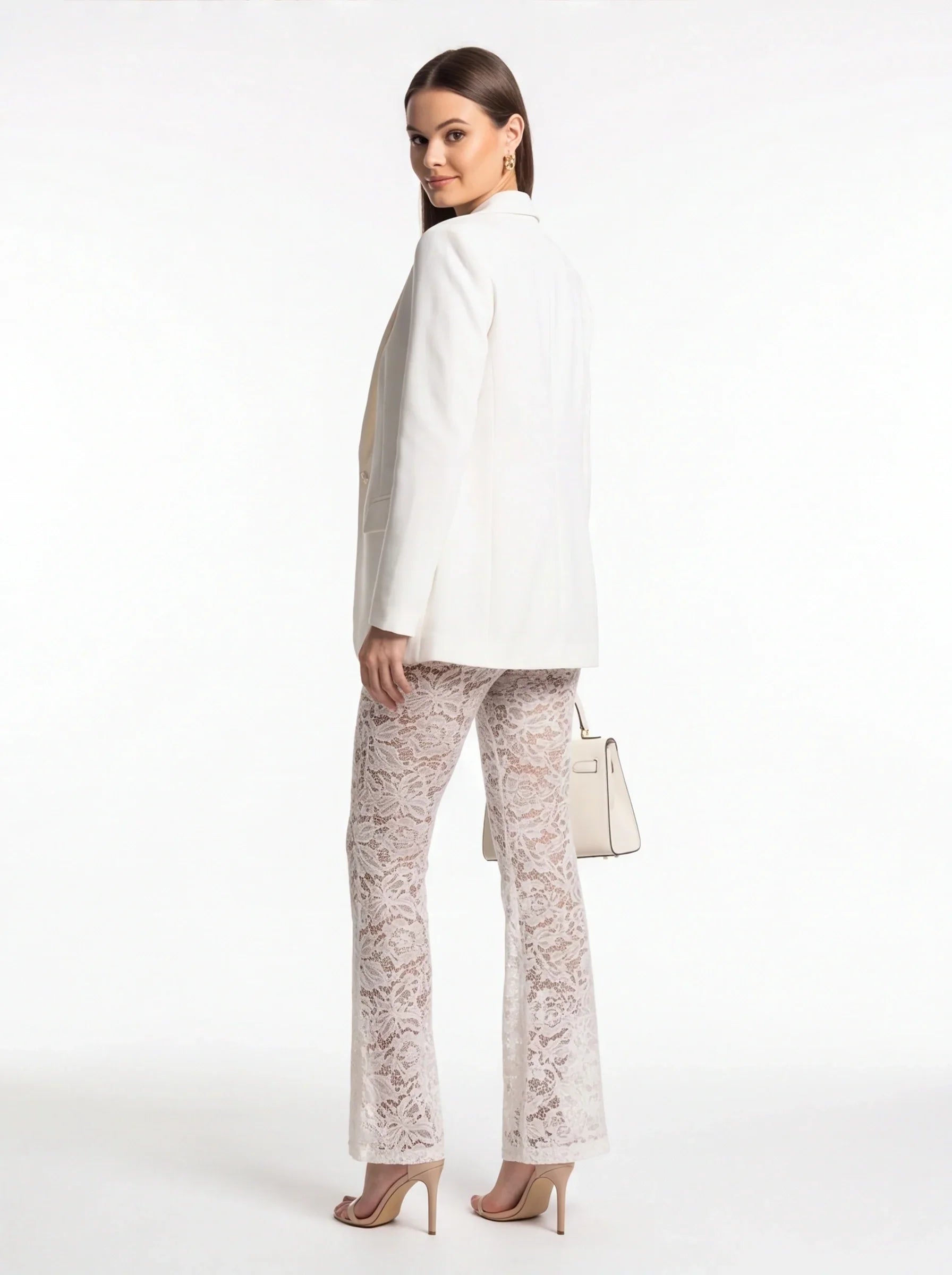 Lace Up Corset Sheer Floral Lace Flare Pants Blazer Three Piece Set