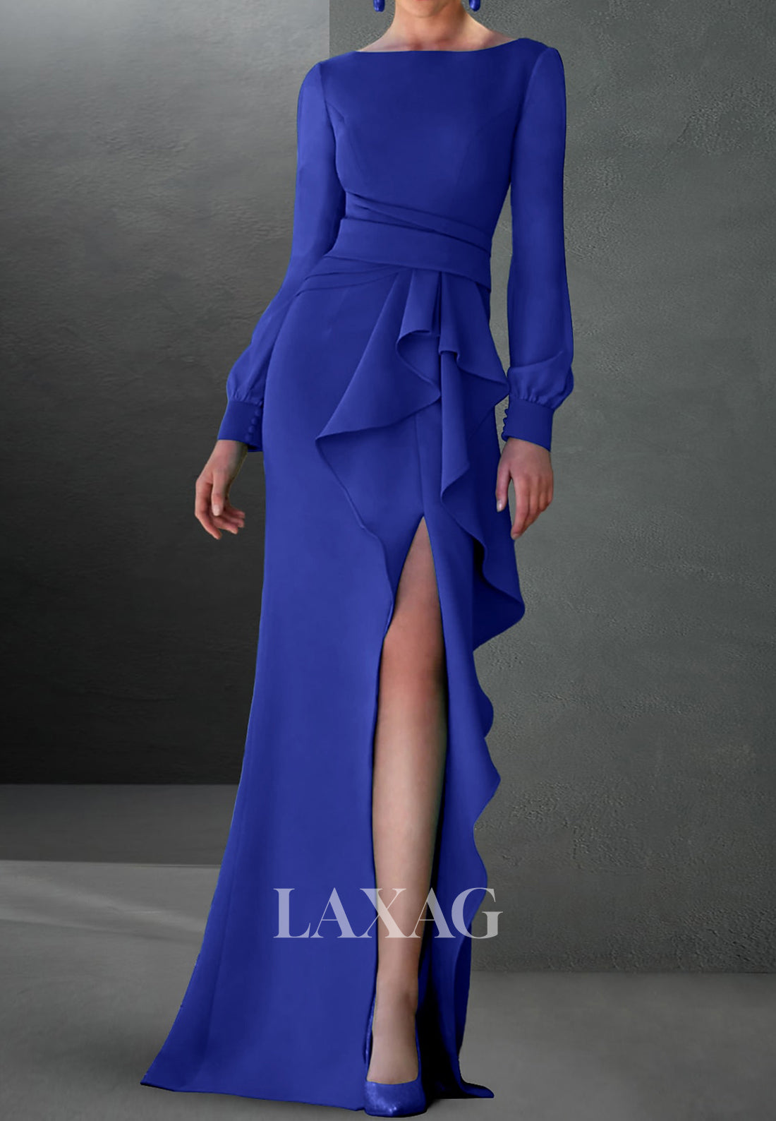 Simple Scoop-Neck Long Sleeves Mermaid Wedding Guest Dress Pleated Floor-Length High Slit Formal Gowns