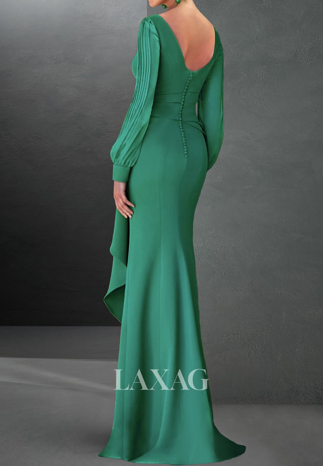 Simple Scoop-Neck Long Sleeves Mermaid Wedding Guest Dress Pleated Floor-Length High Slit Formal Gowns