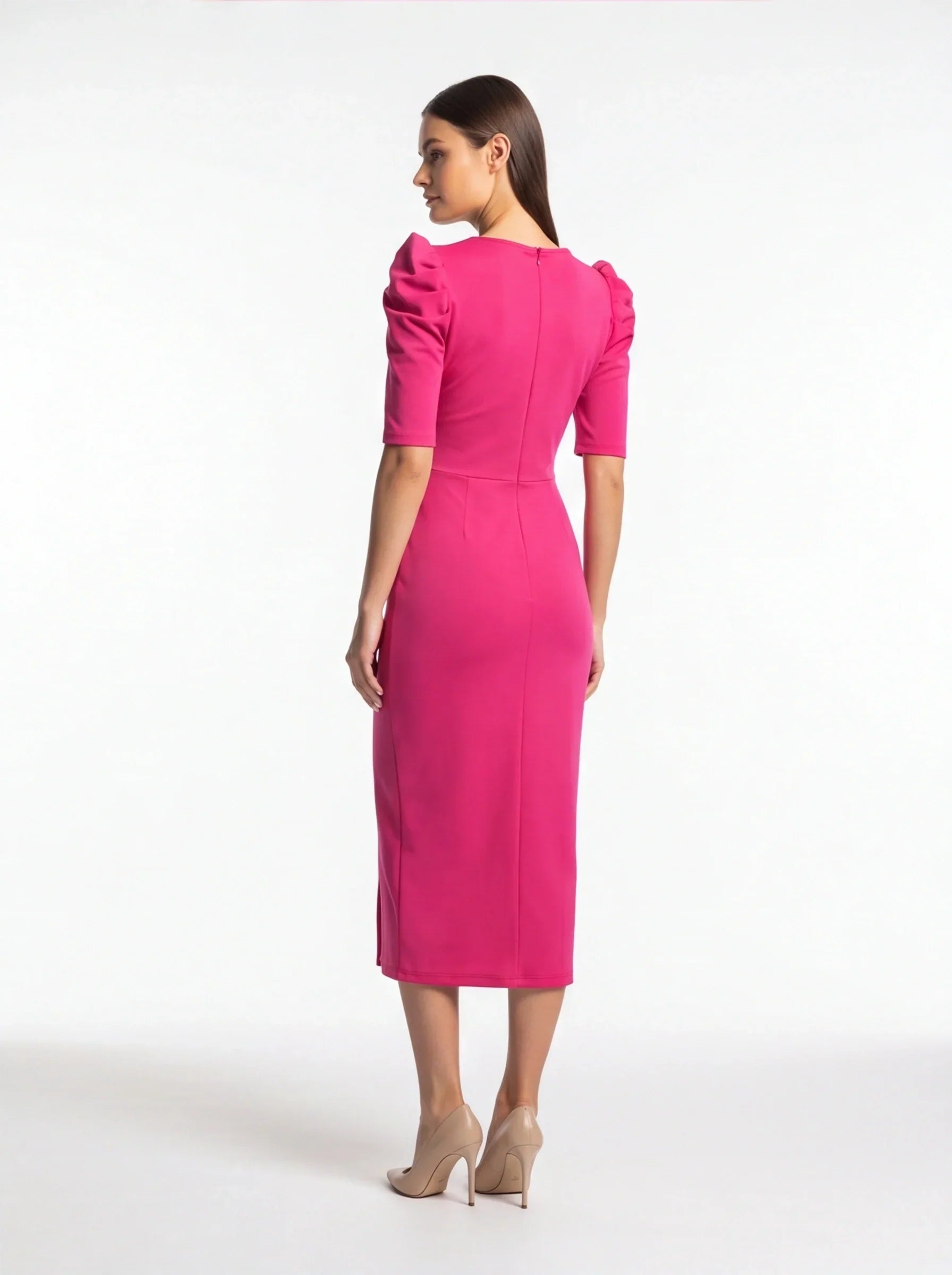 3D Floral Puff Sleeve Ruched High Split Bodycon Midi Dress