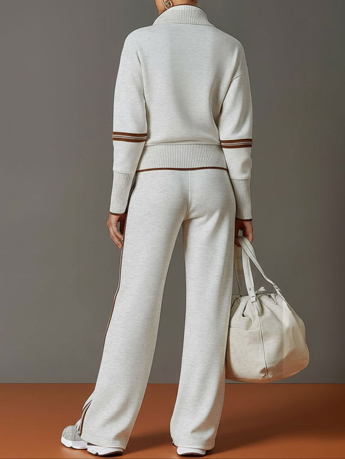 Quarter Zip Contrast Trim Pullover and Wide Leg Pants Two Piece Set