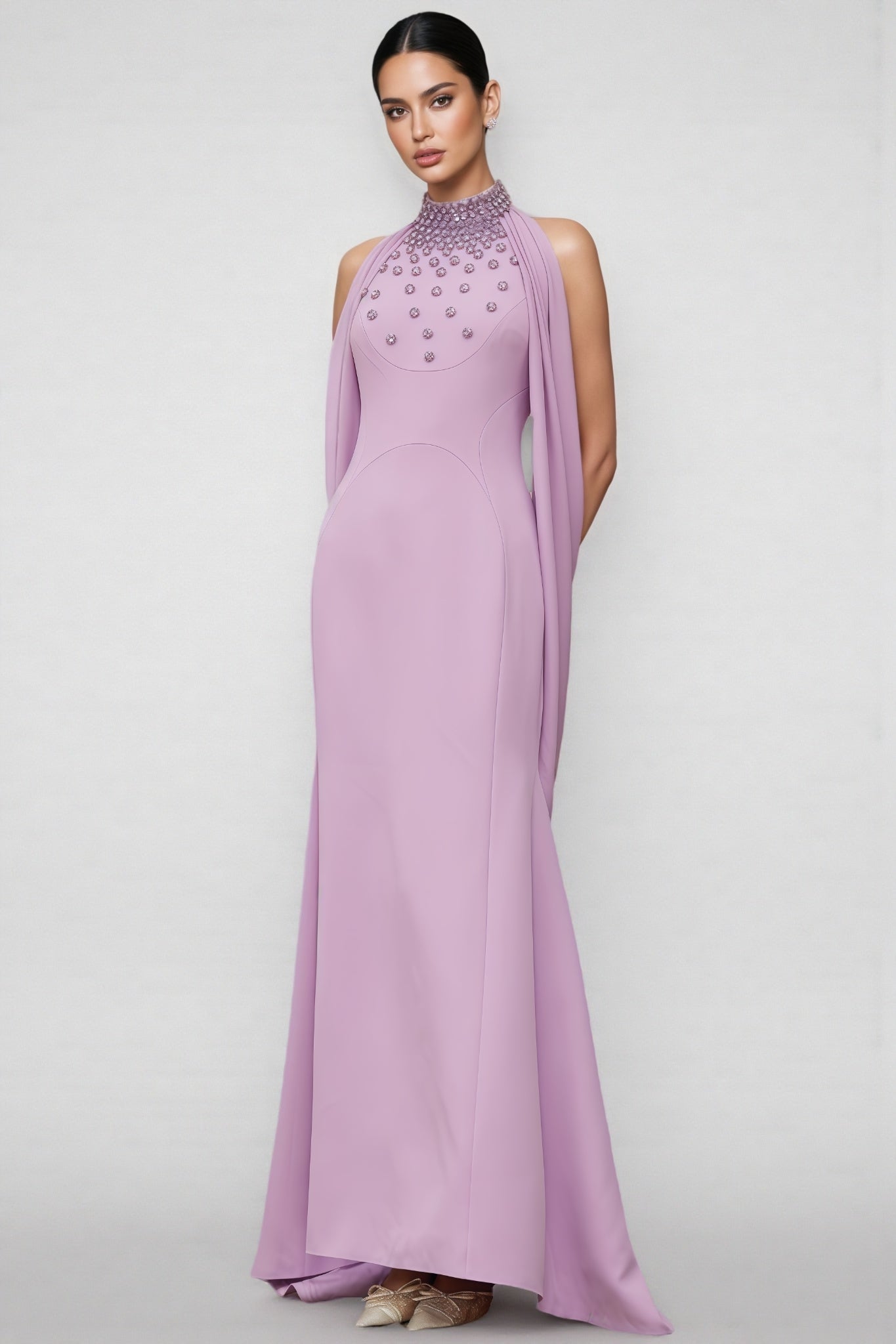 Beaded Floral Mock Neck Cape Sleeve Column Maxi Gown - View 2