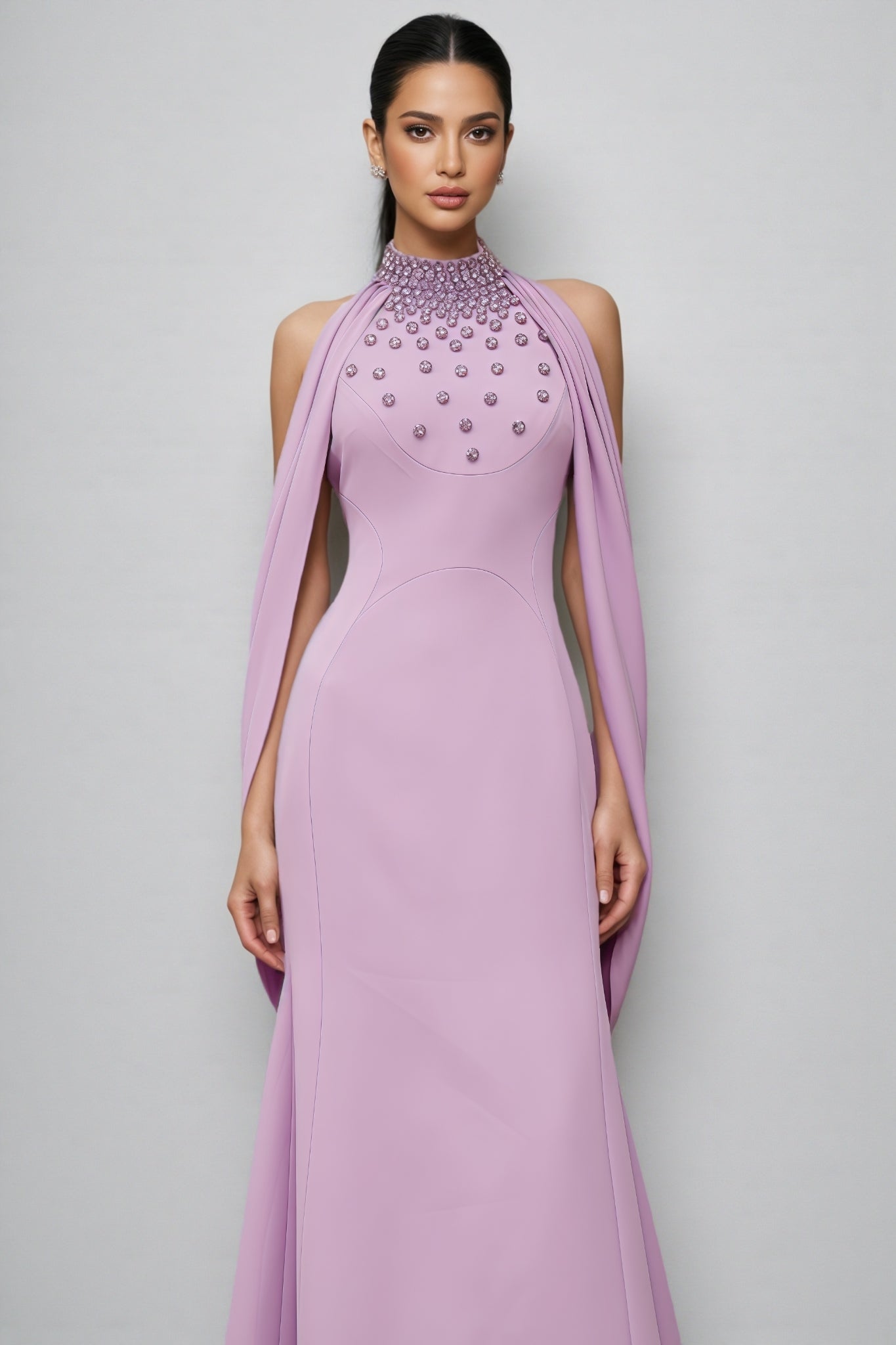 Beaded Floral Mock Neck Cape Sleeve Column Maxi Gown