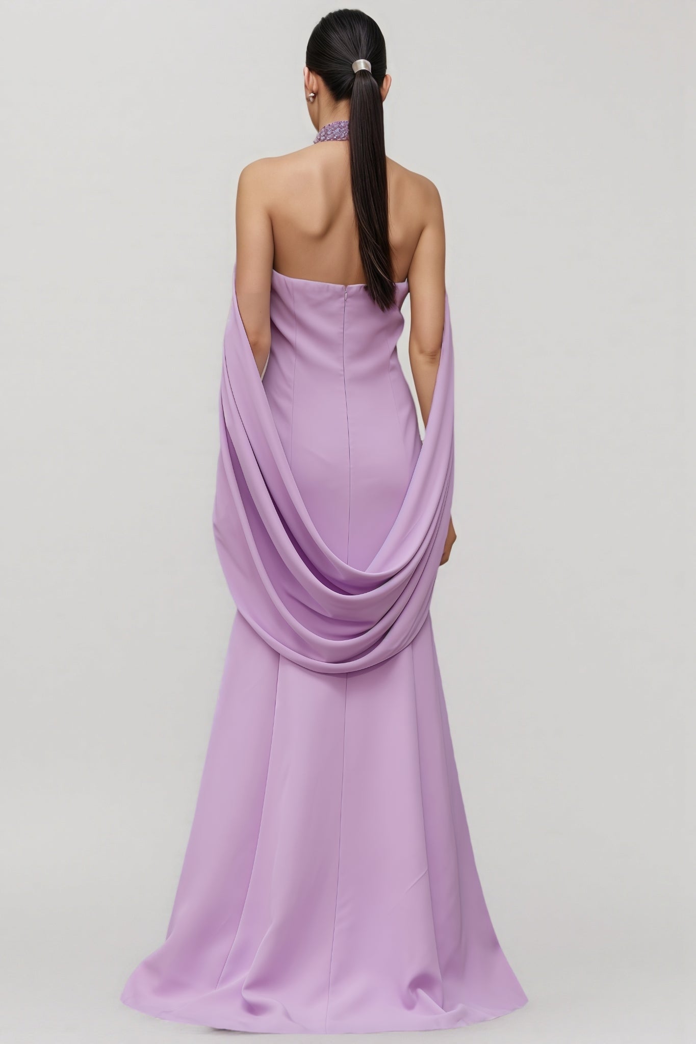 Beaded Floral Mock Neck Cape Sleeve Column Maxi Gown