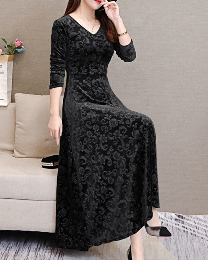 Velvet Burnout Damask V-Neck Three Quarter Sleeve A-Line Maxi Dress