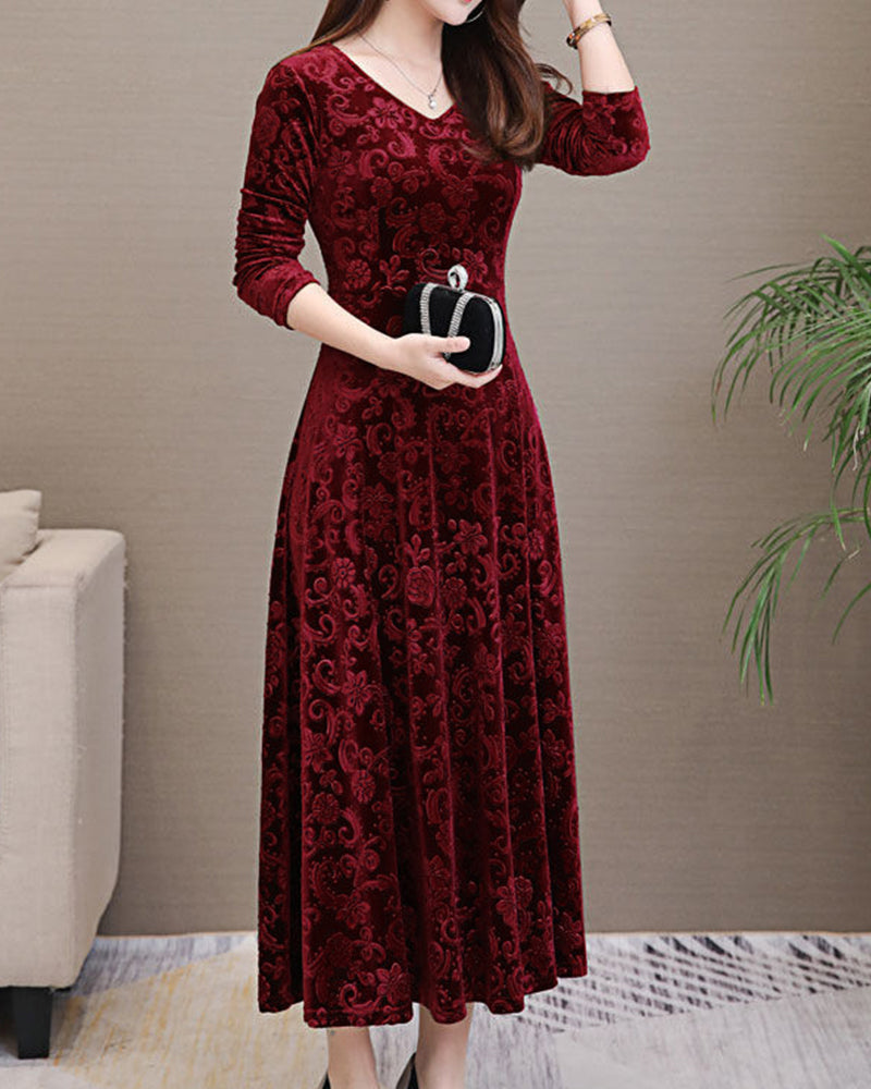 Velvet Burnout Damask V-Neck Three Quarter Sleeve A-Line Maxi Dress