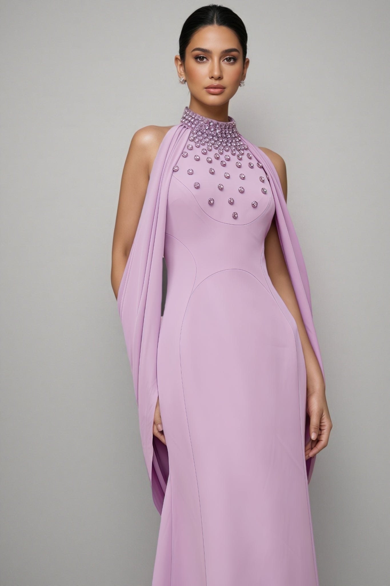 Beaded Floral Mock Neck Cape Sleeve Column Maxi Gown - View 6