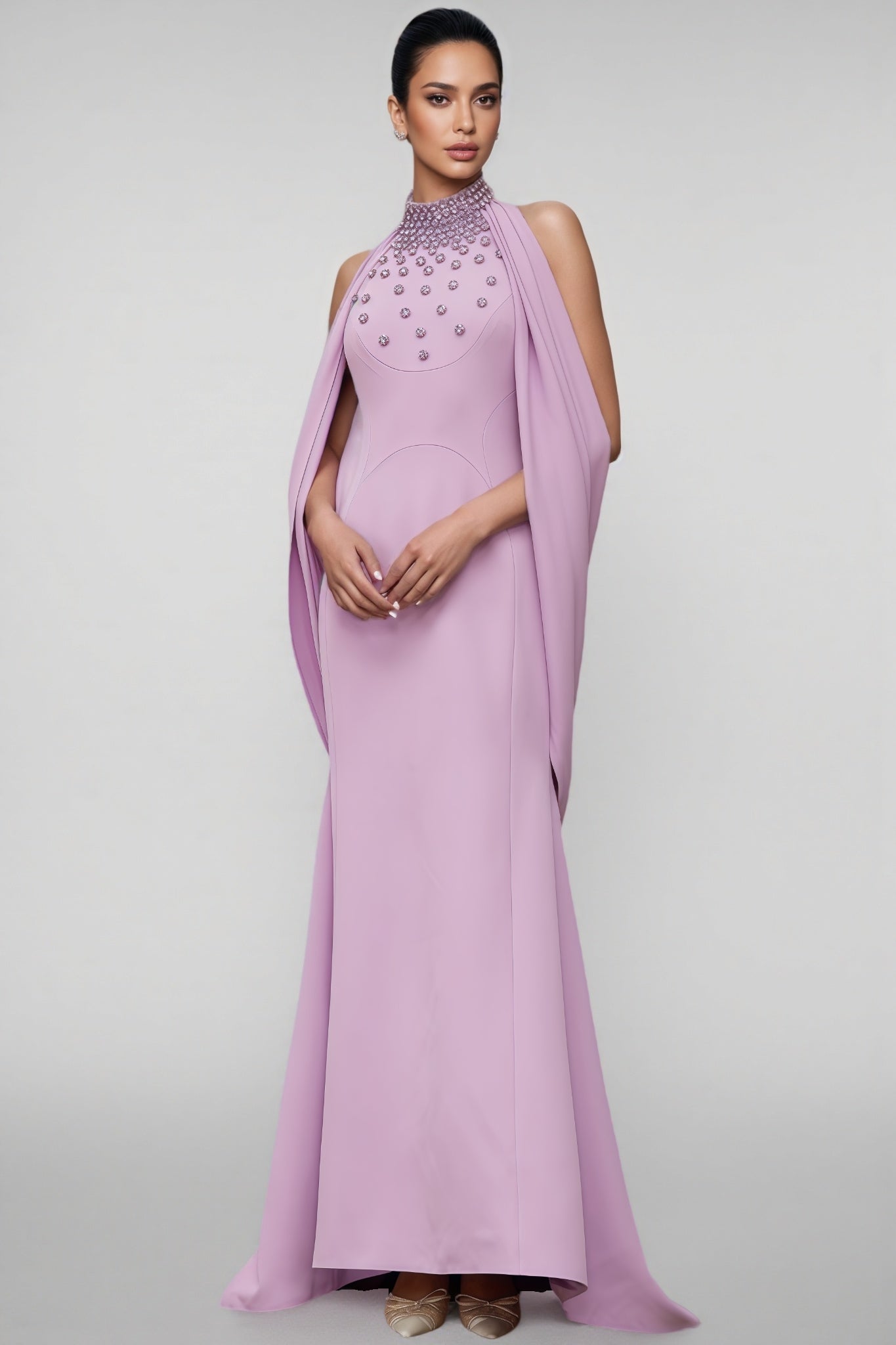 Beaded Floral Mock Neck Cape Sleeve Column Maxi Gown