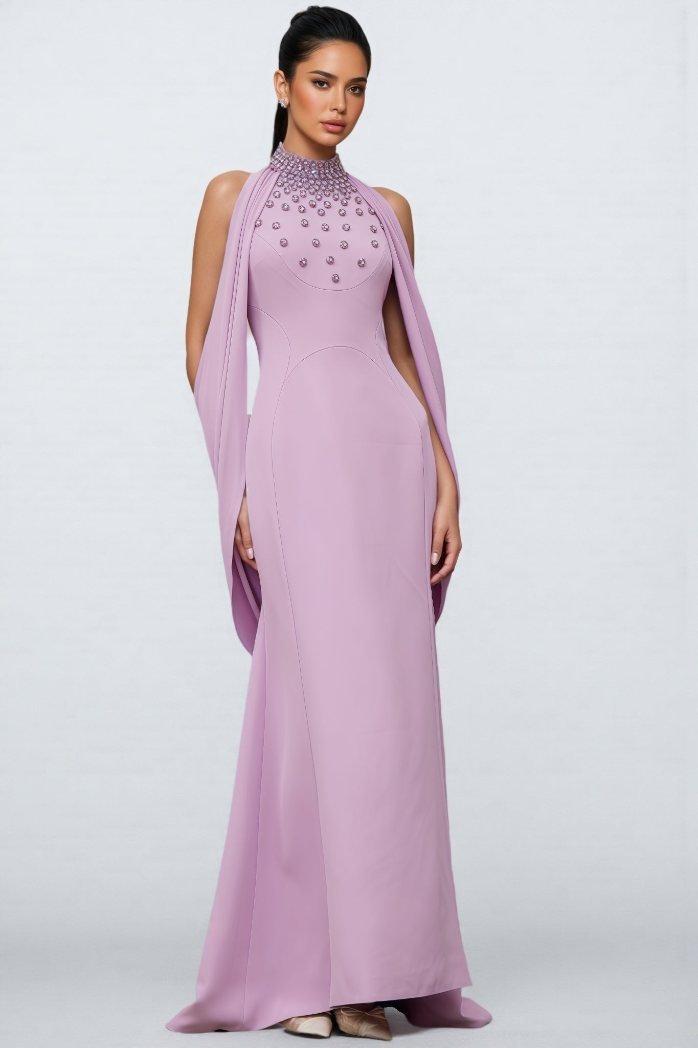 Beaded Floral Mock Neck Cape Sleeve Column Maxi Gown