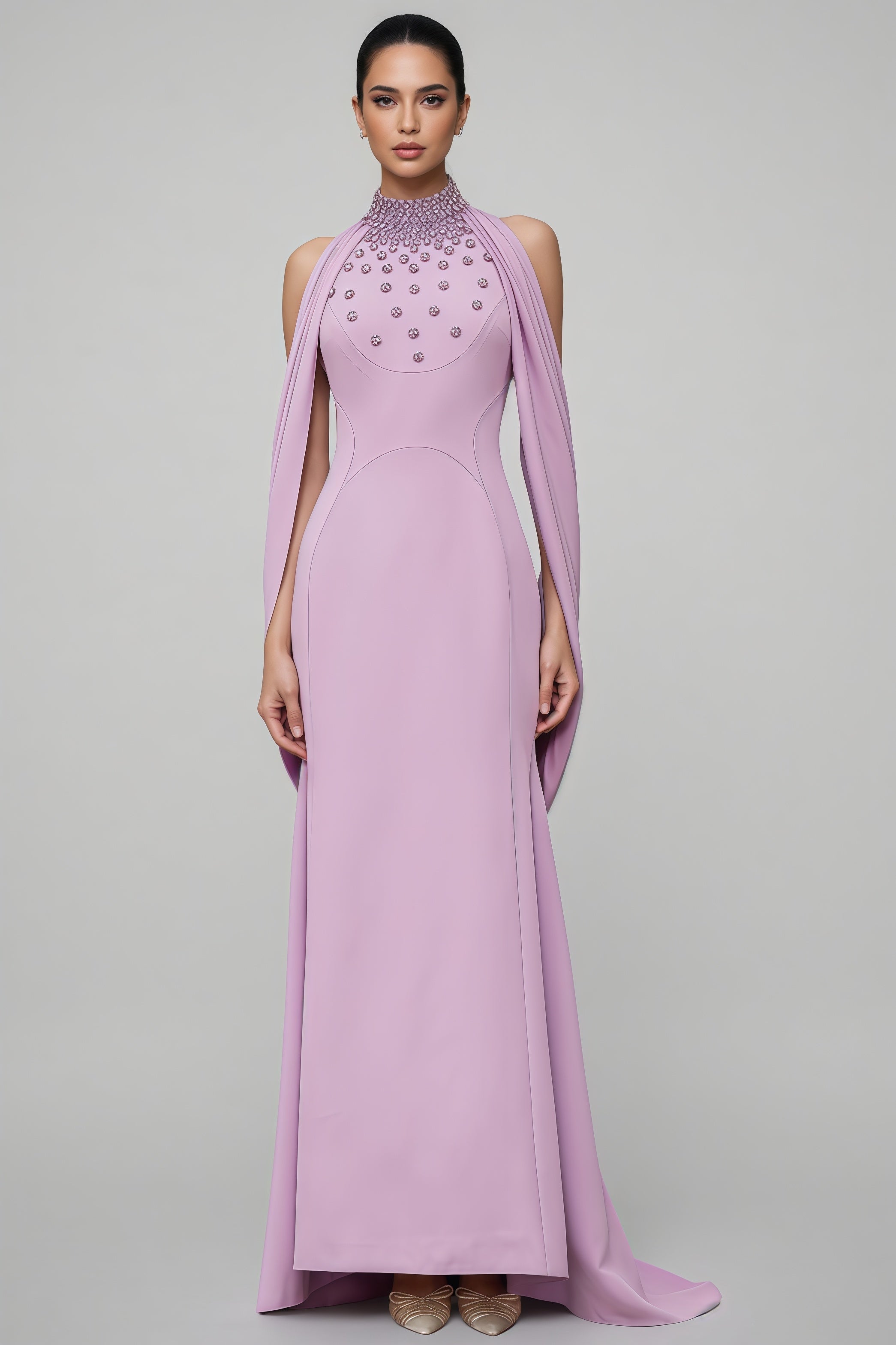 Beaded Floral Mock Neck Cape Sleeve Column Maxi Gown