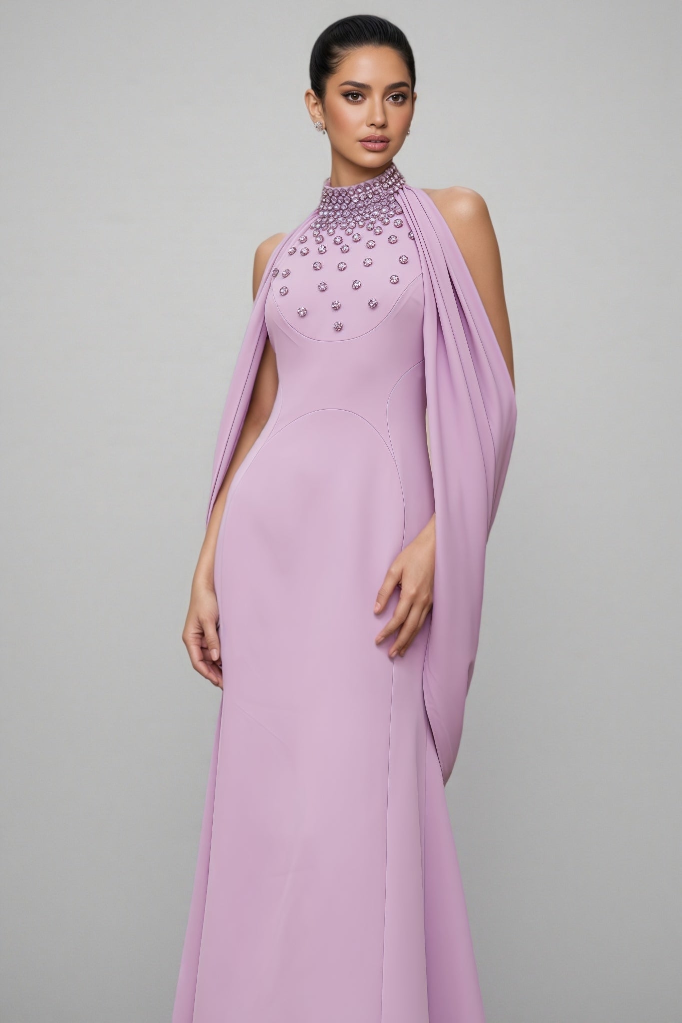 Beaded Floral Mock Neck Cape Sleeve Column Maxi Gown