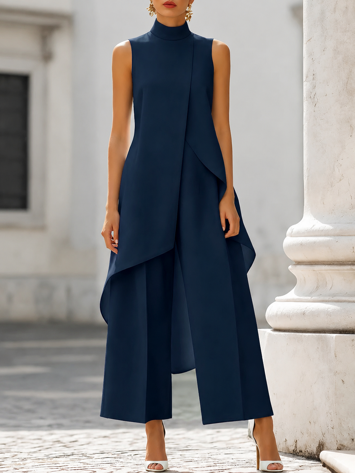 Sleeveless Mock Neck Draped Top and Wide Leg Pants Two Piece Set