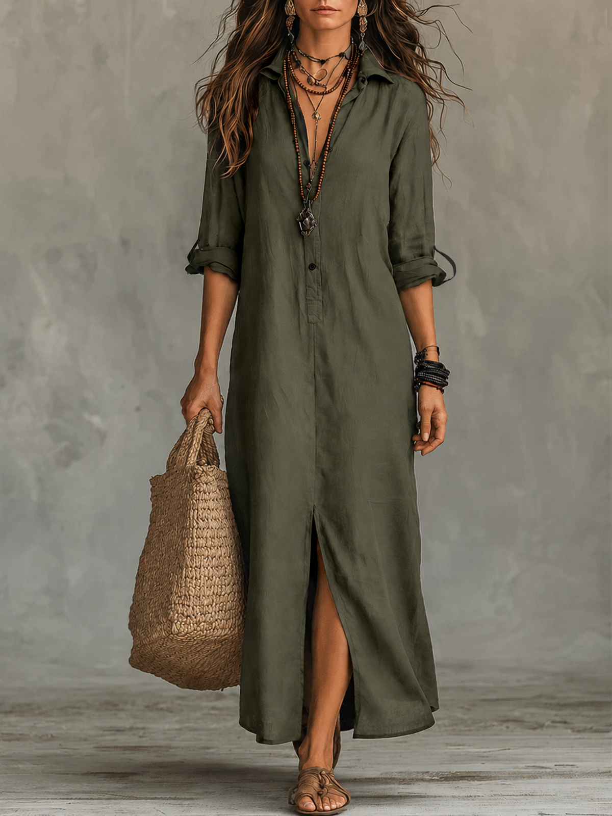 Button Front Long Sleeve Collared Maxi Shirt Dress