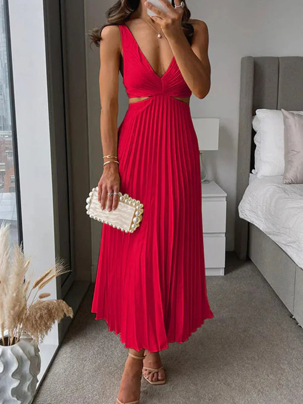 Satin Deep V-Neck Cut Out Ruched Pleated Midi Dress