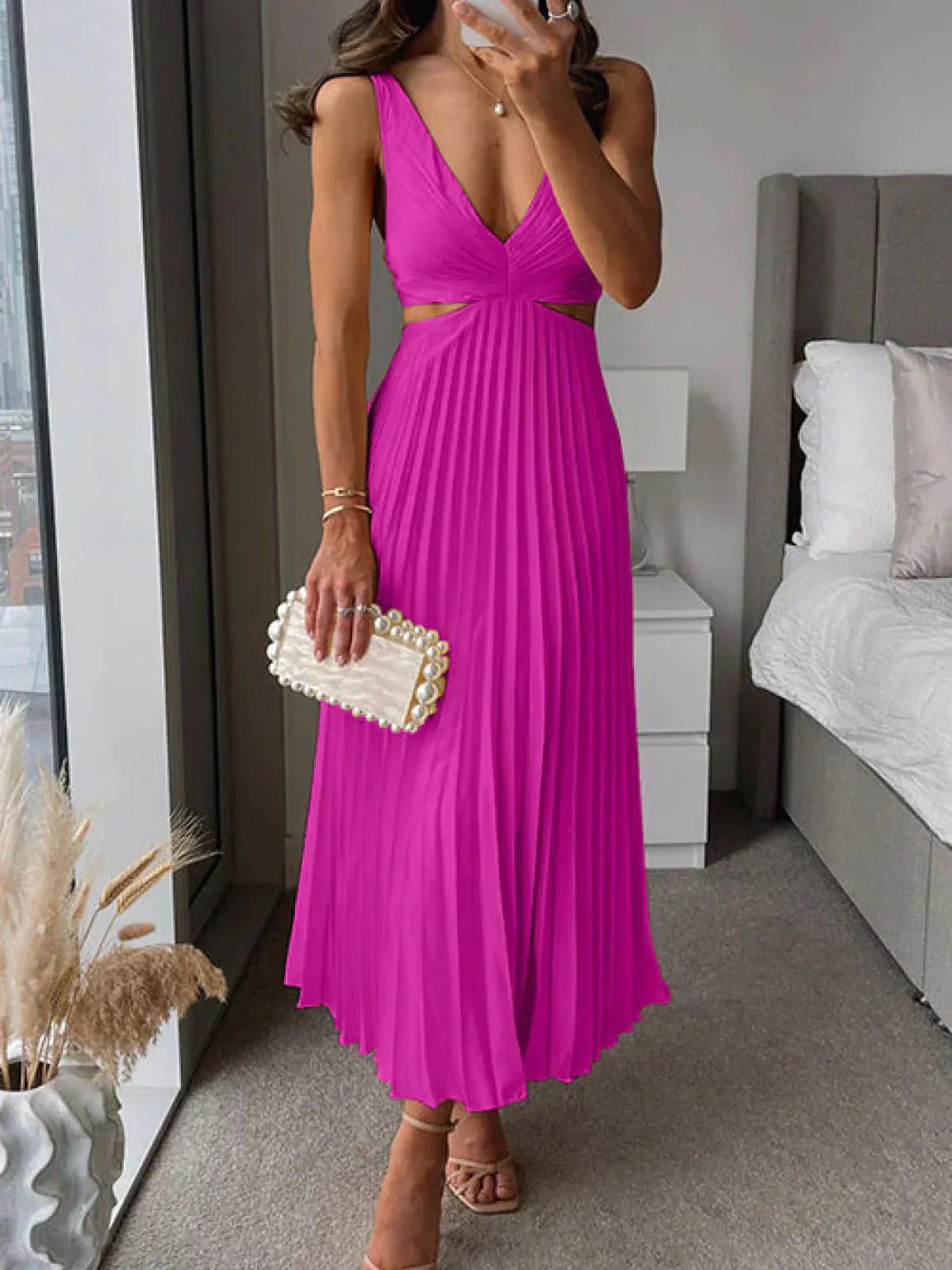 Satin Deep V-Neck Cut Out Ruched Pleated Midi Dress