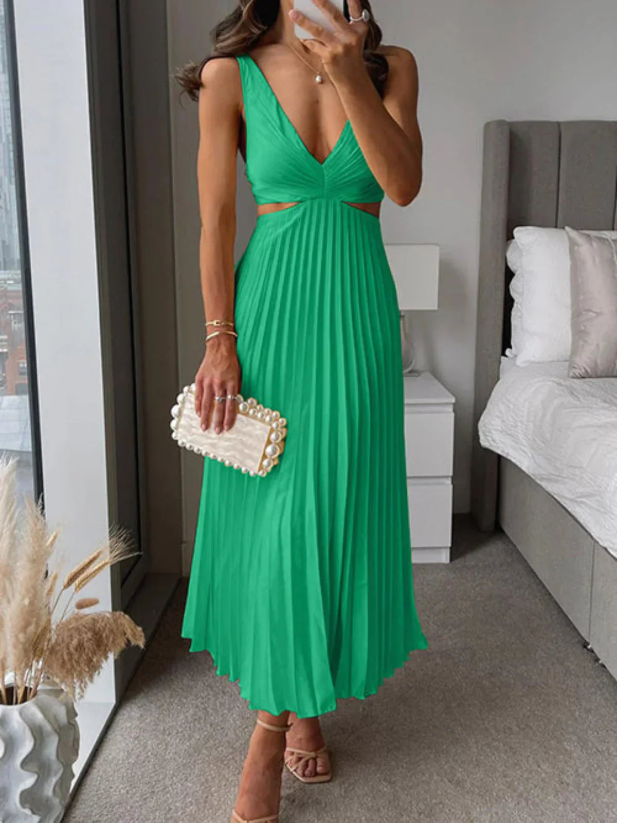 Satin Deep V-Neck Cut Out Ruched Pleated Midi Dress