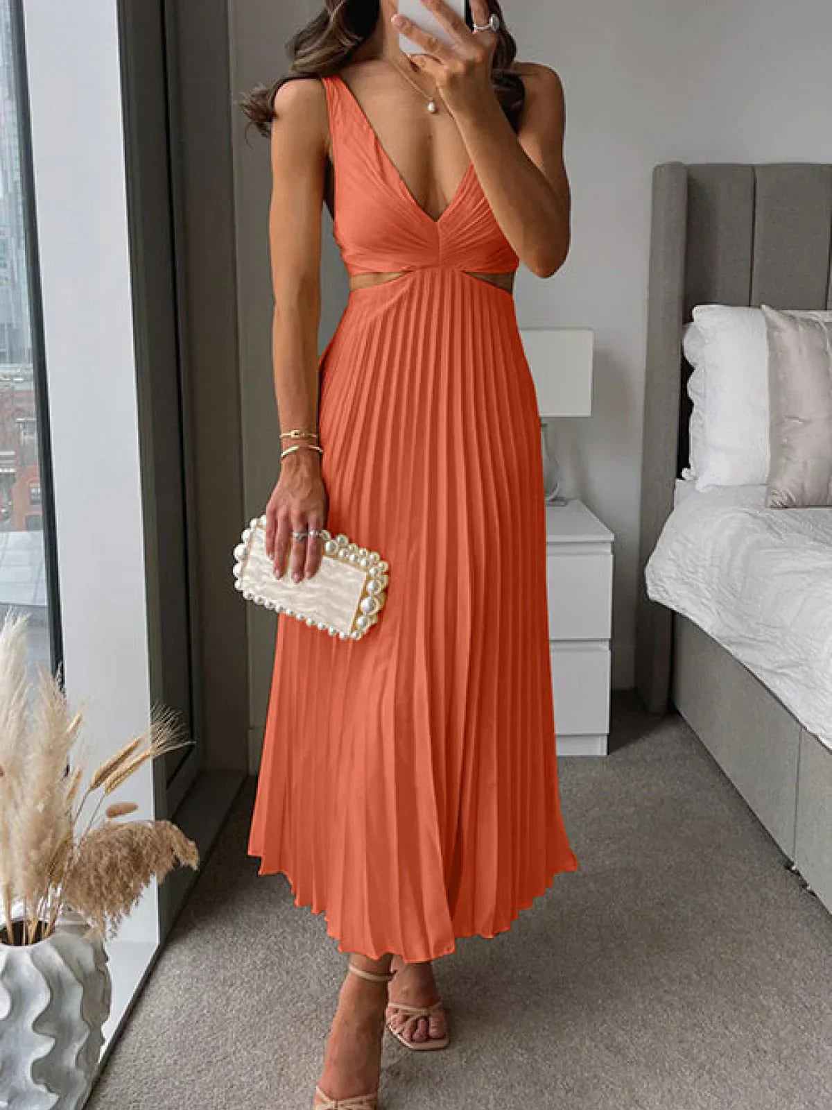 Satin Deep V-Neck Cut Out Ruched Pleated Midi Dress