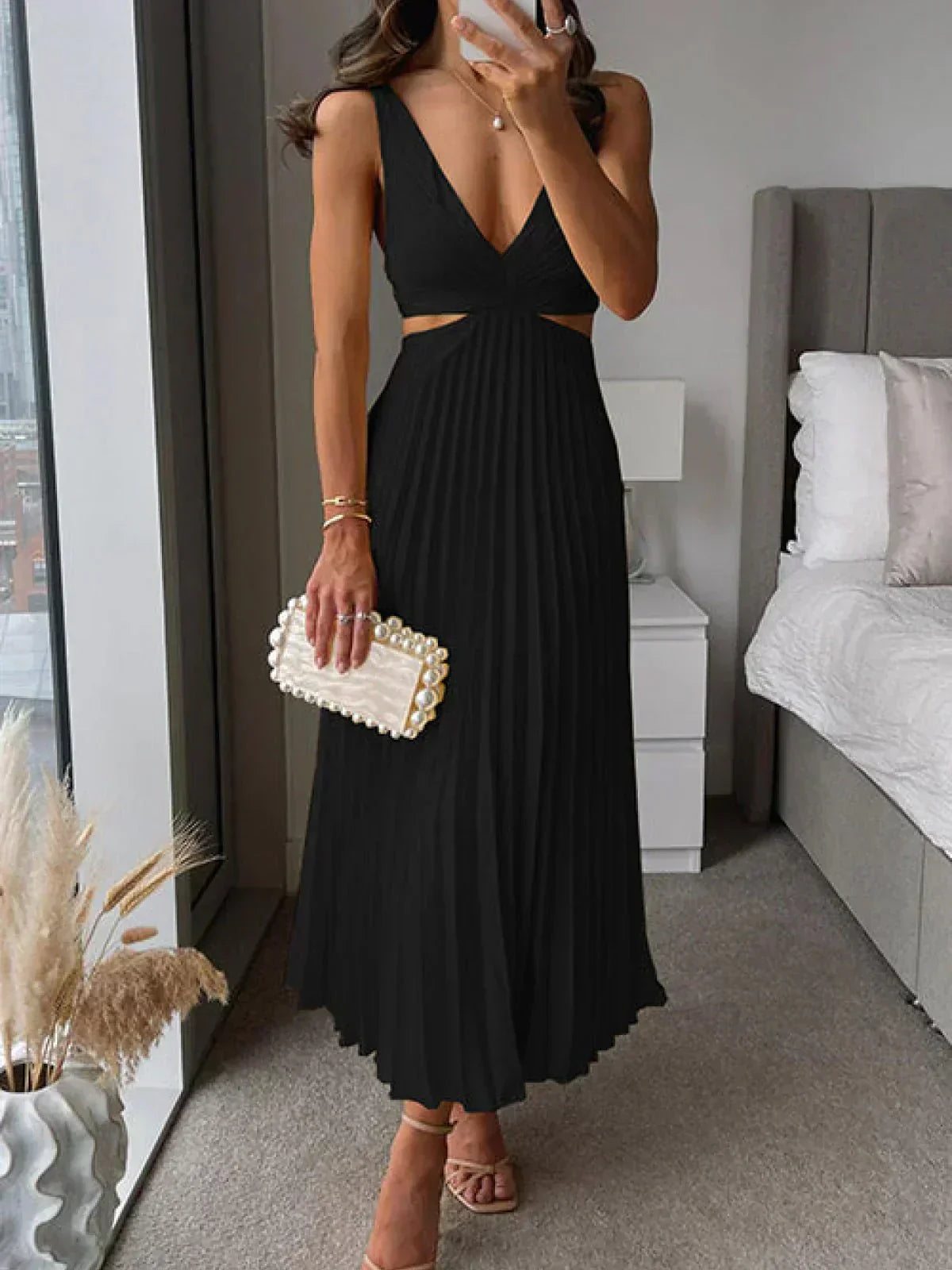 Satin Deep V-Neck Cut Out Ruched Pleated Midi Dress
