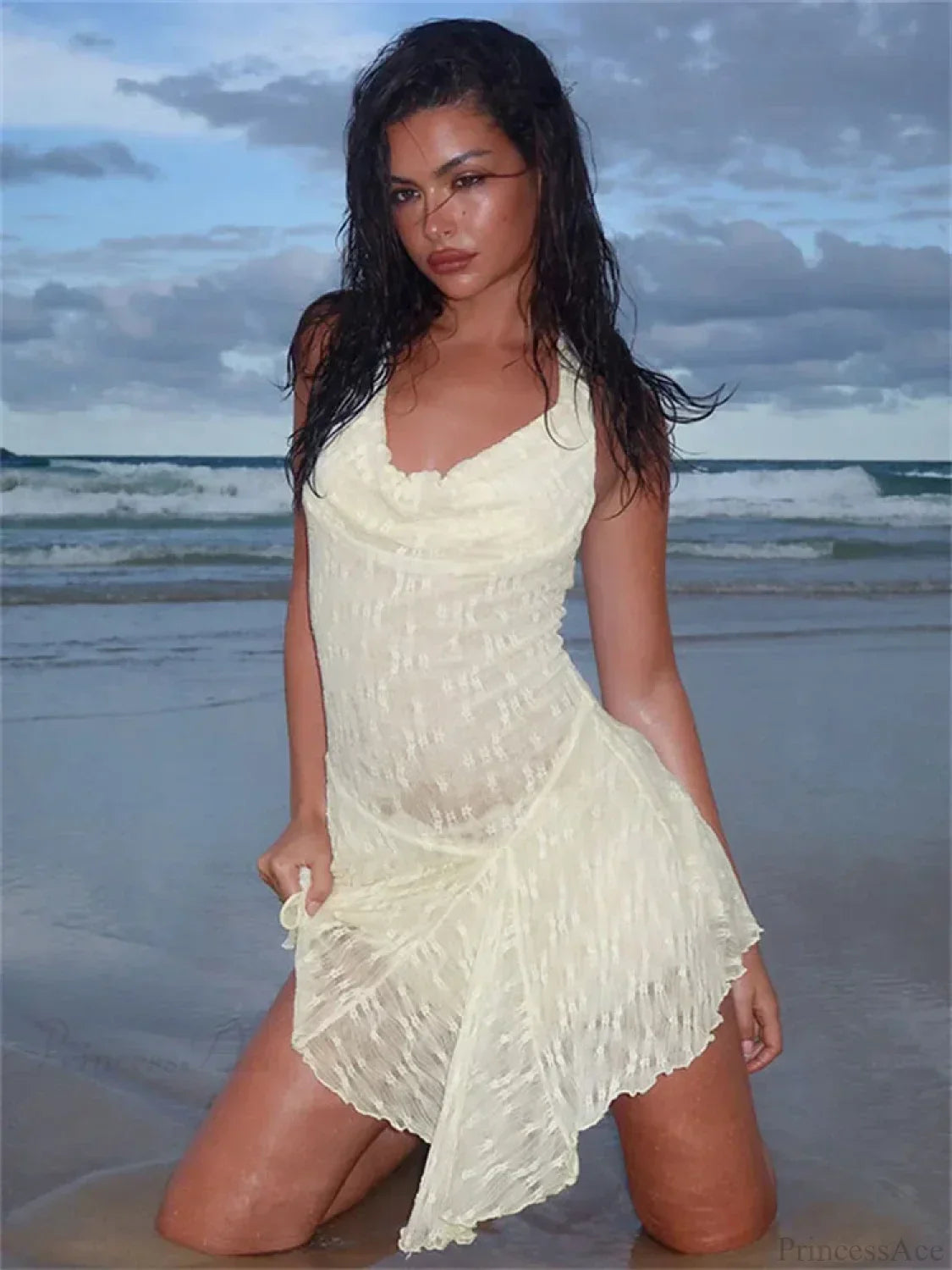 Lace Backless Printed Mini Dress in Beige - View 3
