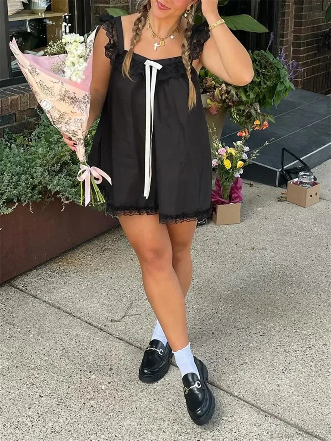 Lace Bowknot Embellished Mini Dress - View 5