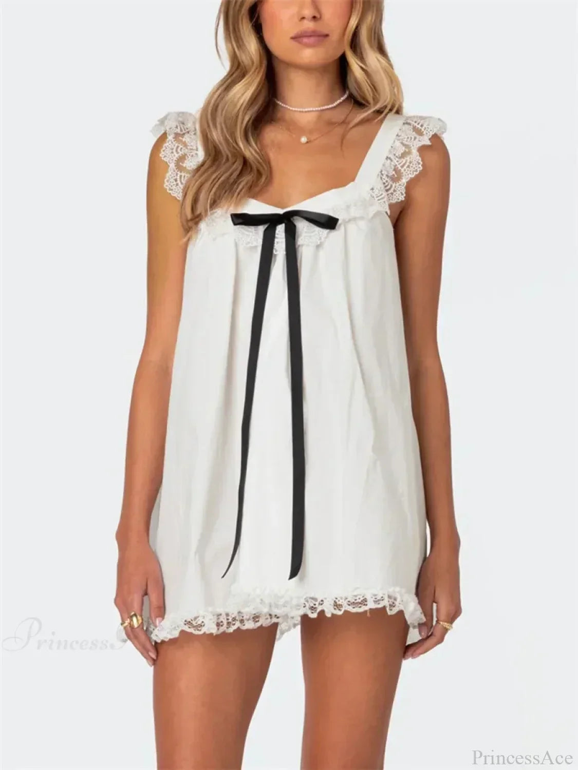 Lace Trim Ruffle Strap Bow Front Babydoll Mini Dress 8