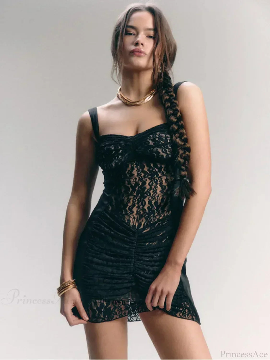 Floral Lace Ruched Front Square Neck Wide Strap Mini Dress