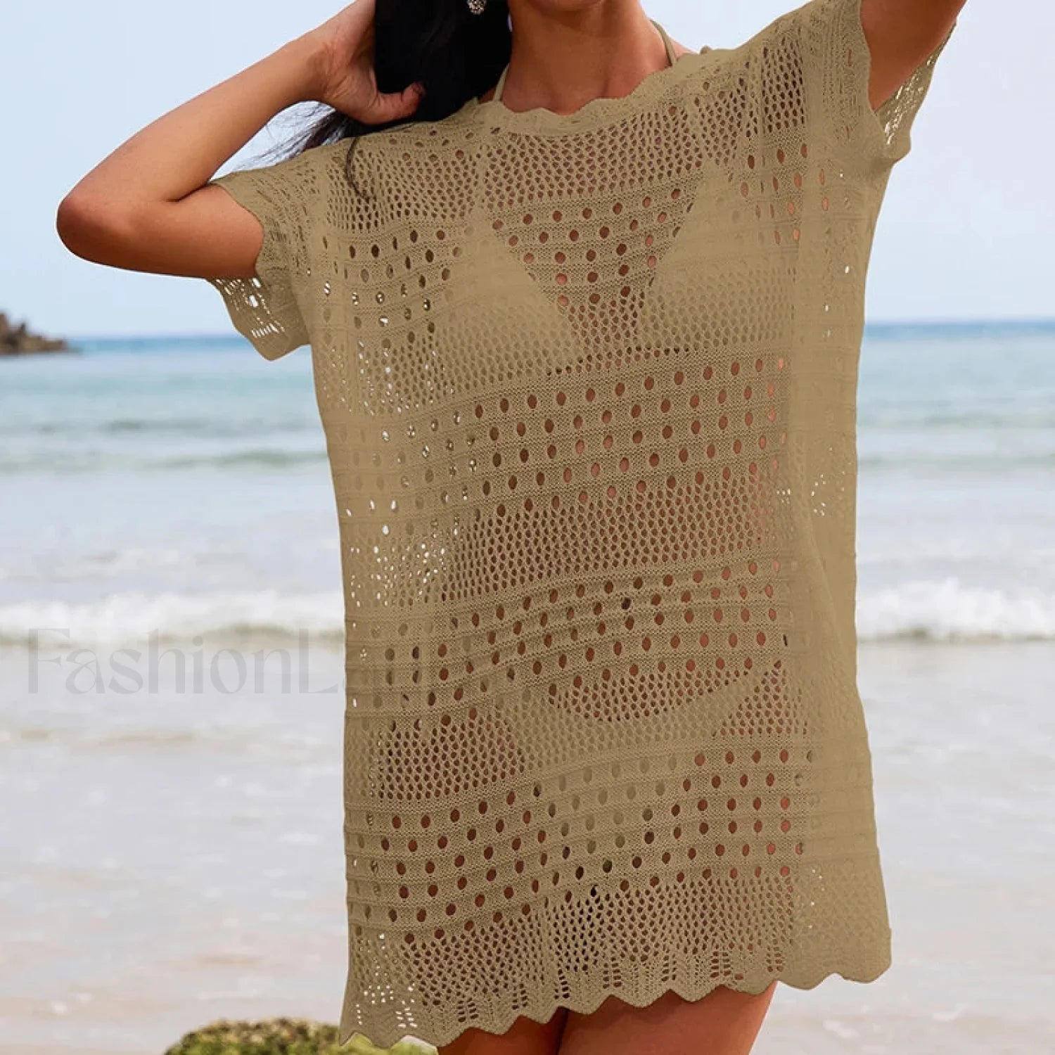 Lace Collar Mid Length Beach Cover Up Khaki / One Size