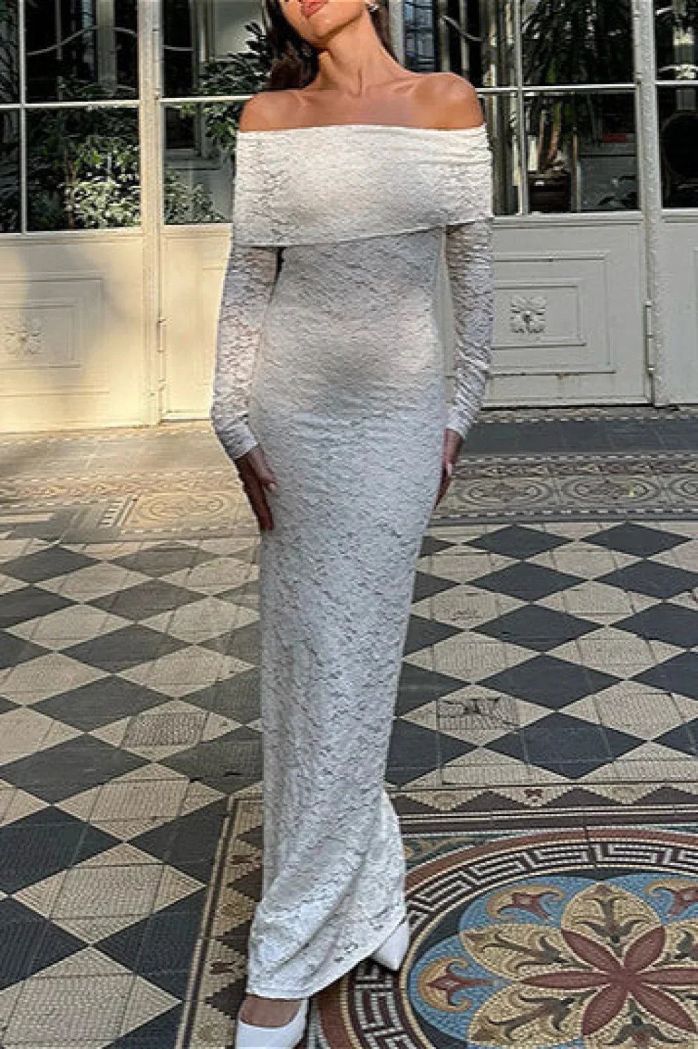 Lace Embroidered Off Shoulder Fitted Maxi Dress White / S