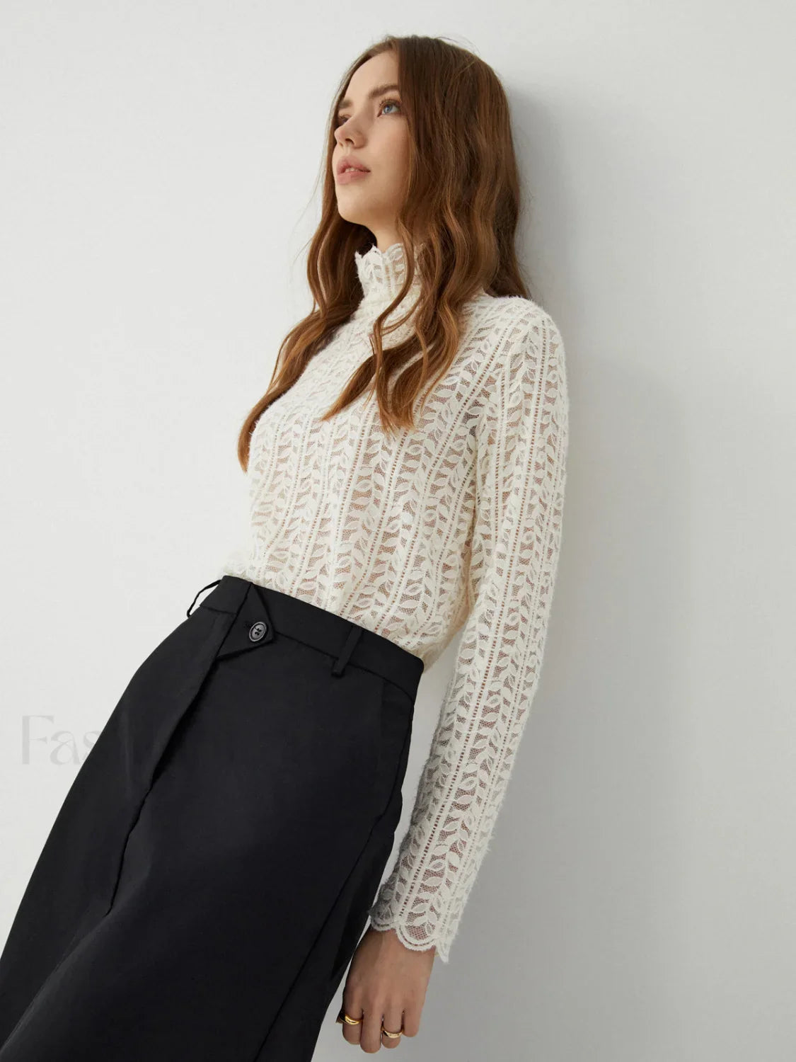 Lace Floral Graceful Pattern Mockneck Top Apricot / S T Shirts