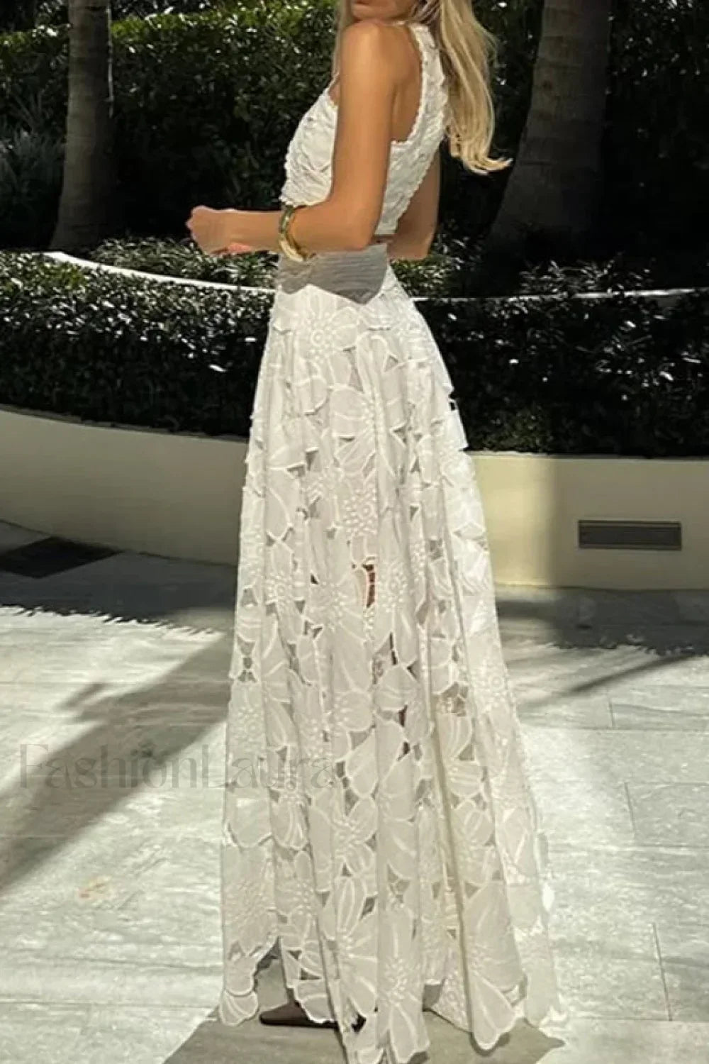 Lace Hollow Out Loose Beach Two Piece Boho Dress White / S