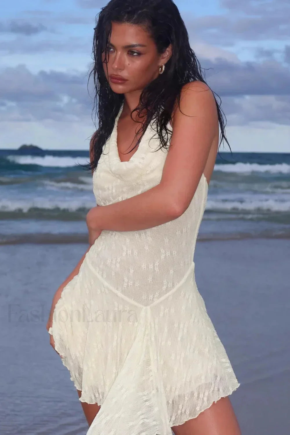 Lace Neck Halter Waist Slim Spice Girl Mini Dress