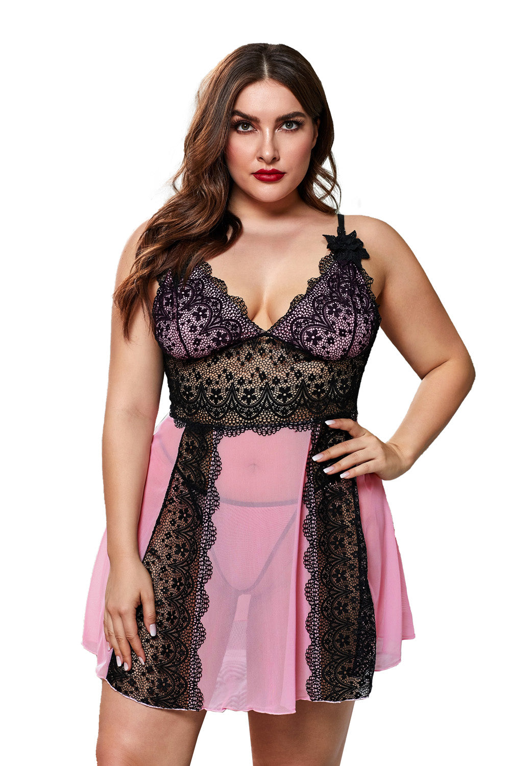 Floral Lace Spaghetti Strap Scalloped V-Neck Vertical Lace Panel Babydoll Gown