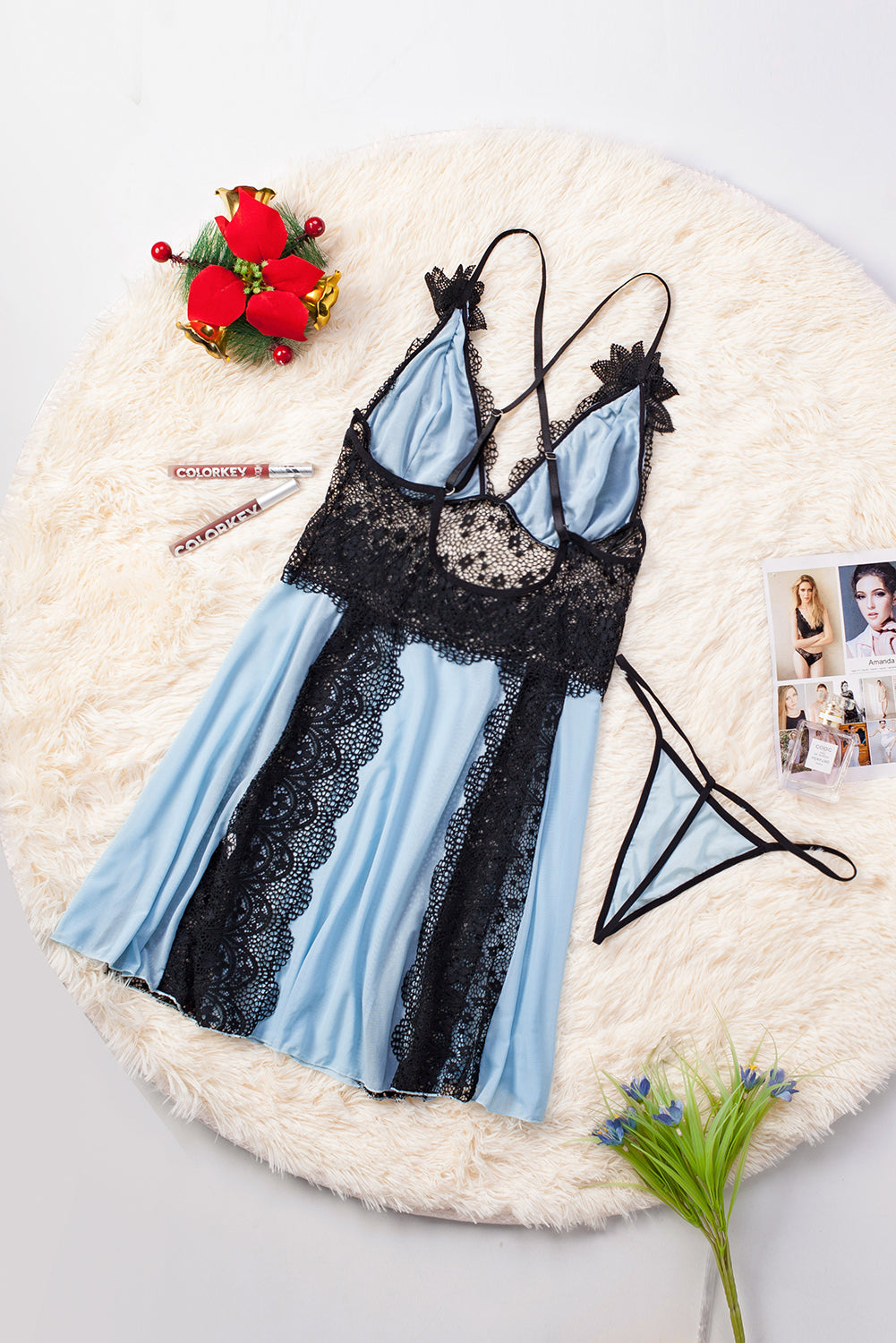 Floral Lace Spaghetti Strap Scalloped V-Neck Vertical Lace Panel Babydoll Gown