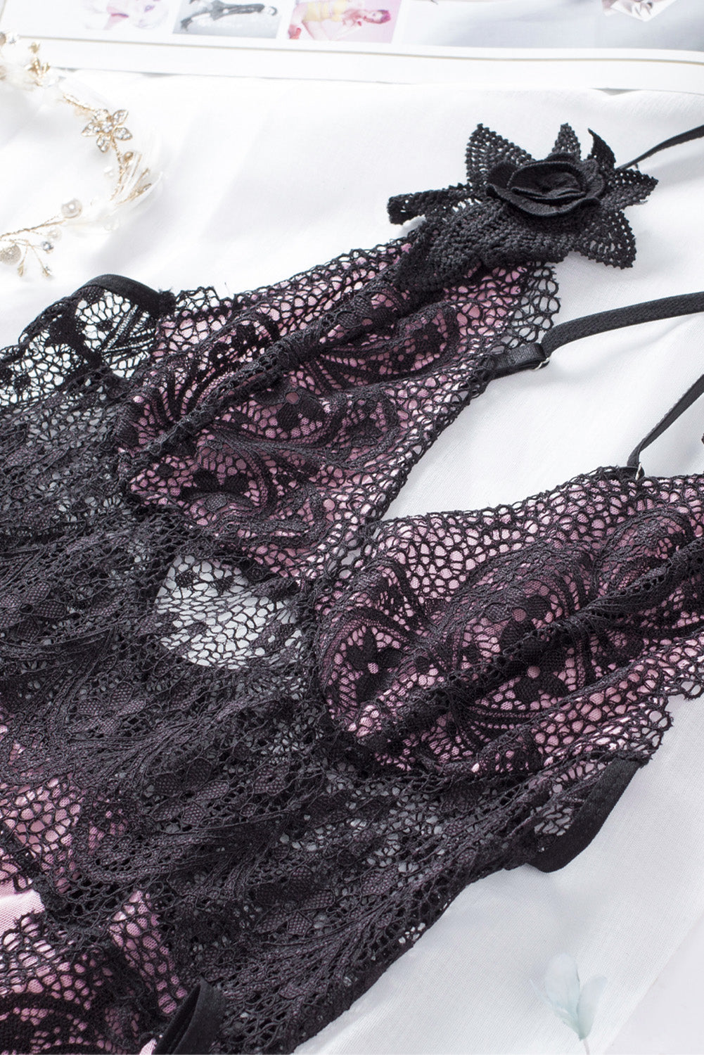 Floral Lace Spaghetti Strap Scalloped V-Neck Vertical Lace Panel Babydoll Gown