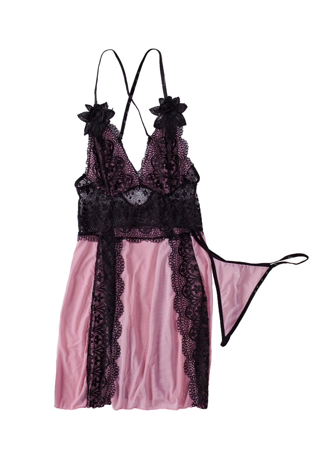 Floral Lace Spaghetti Strap Scalloped V-Neck Vertical Lace Panel Babydoll Gown