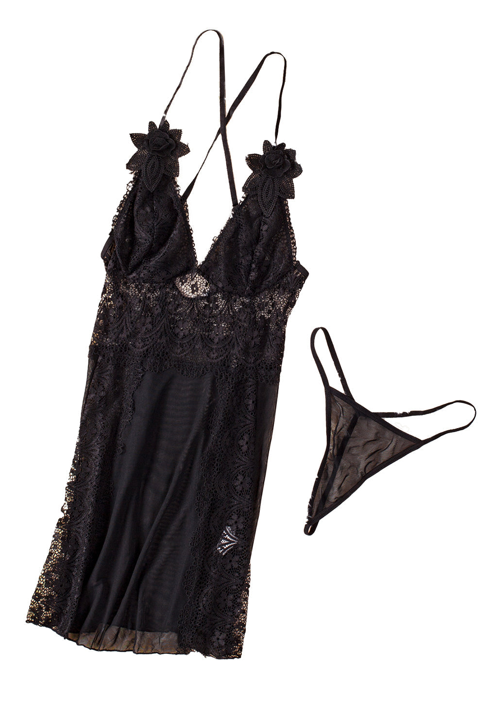 Floral Lace Spaghetti Strap Scalloped V-Neck Vertical Lace Panel Babydoll Gown