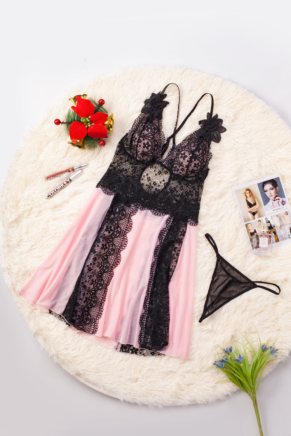 Floral Lace Spaghetti Strap Scalloped V-Neck Vertical Lace Panel Babydoll Gown