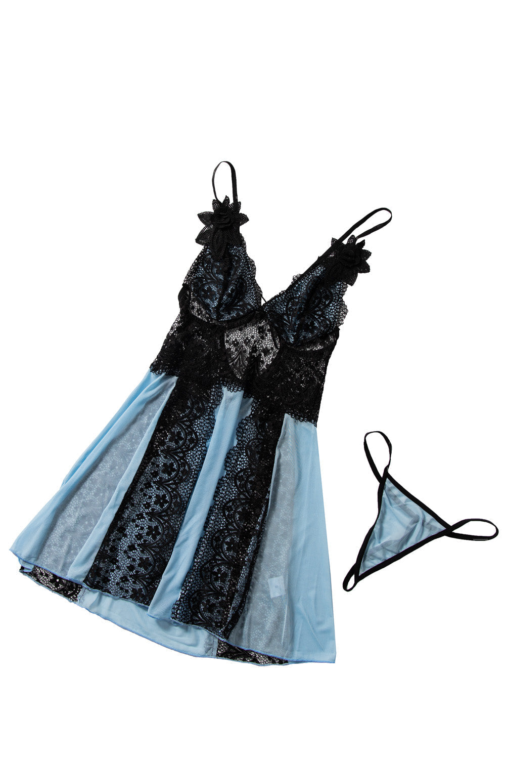 Floral Lace Spaghetti Strap Scalloped V-Neck Vertical Lace Panel Babydoll Gown