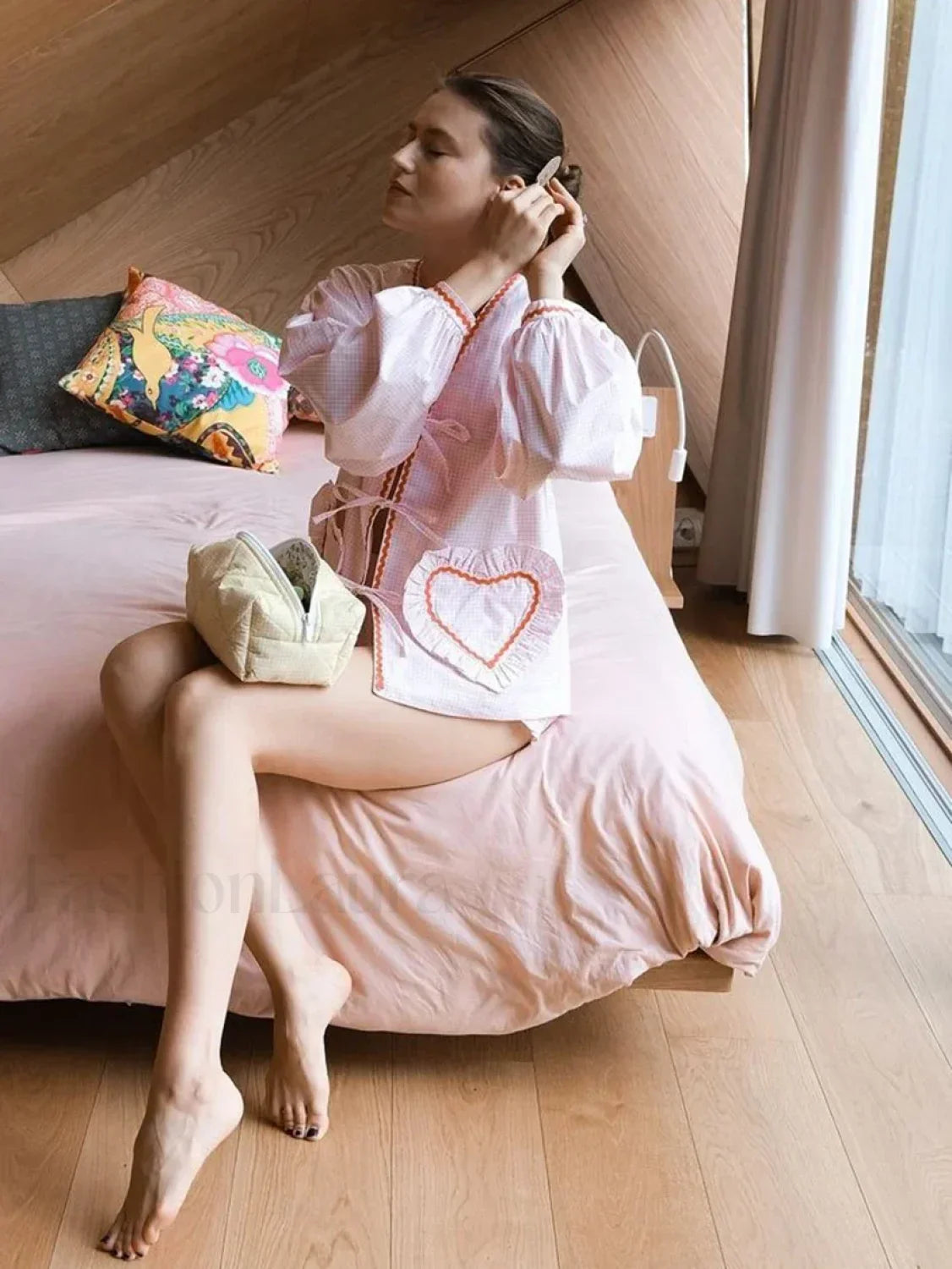 Lace Pajama Long Sleeve Shorts Two Piece Set