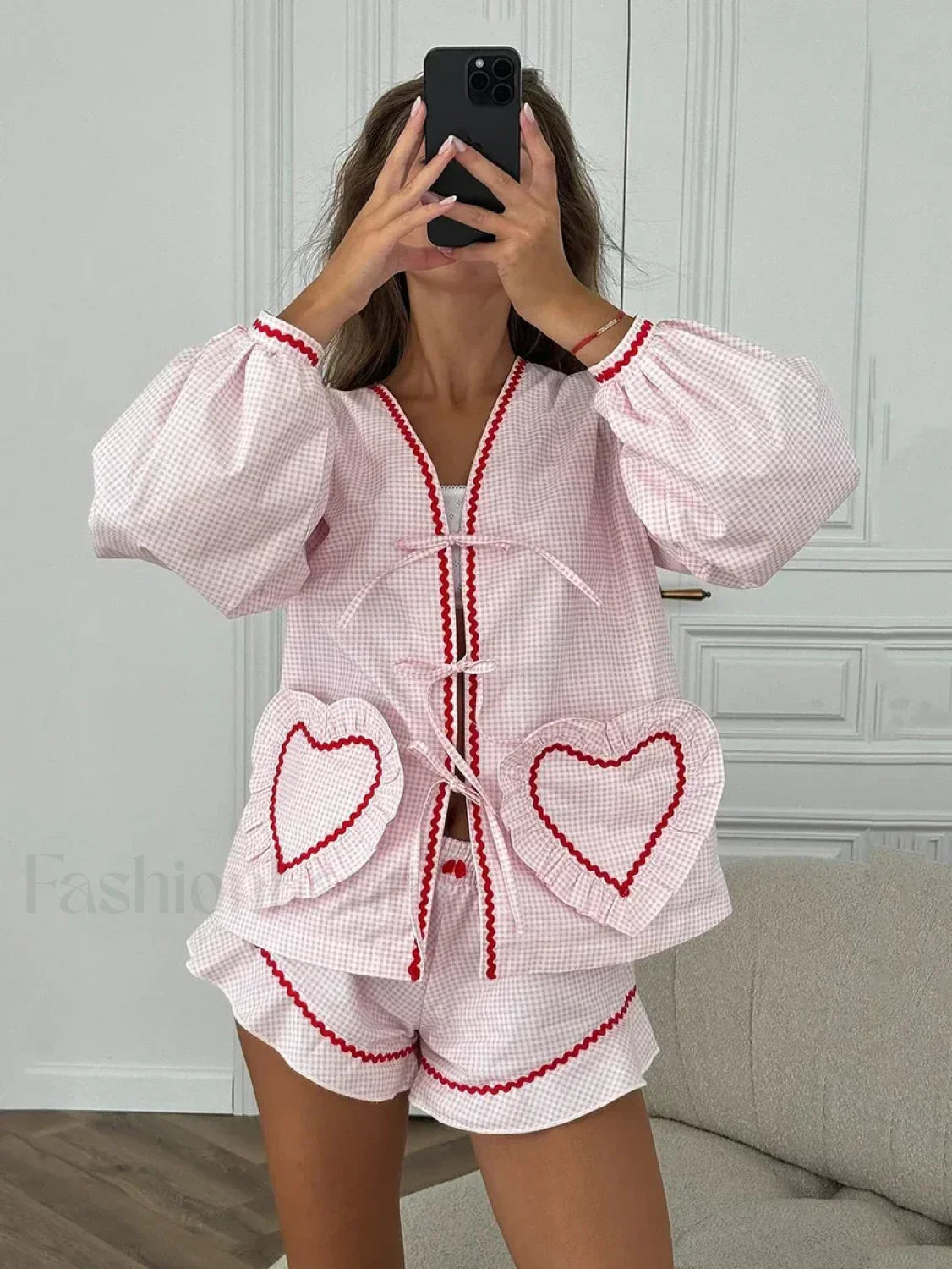 Lace Pajama Long Sleeve Shorts Two Piece Set Pink / S