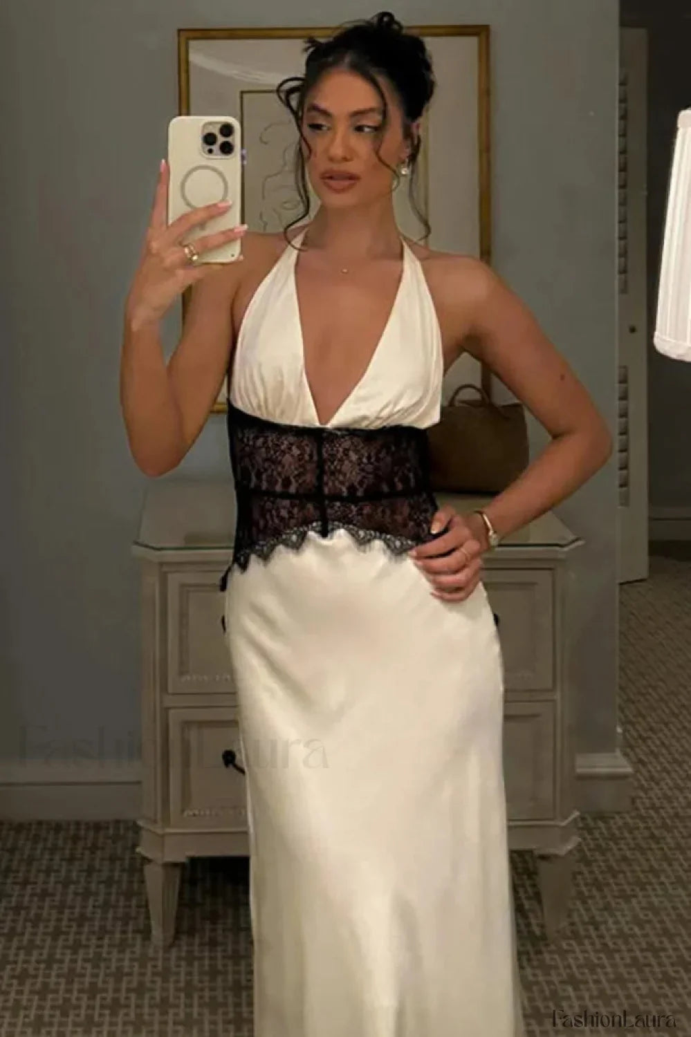 Lace Patchwork Backless Halter Boho Dress