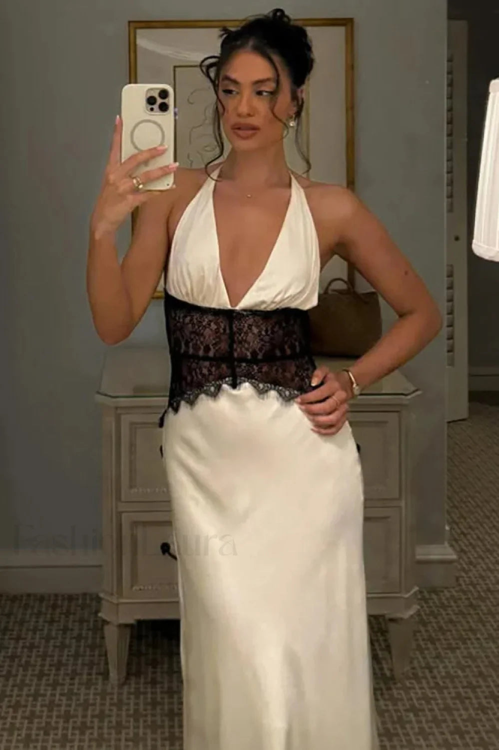 Lace Patchwork Backless Halter Boho Dress