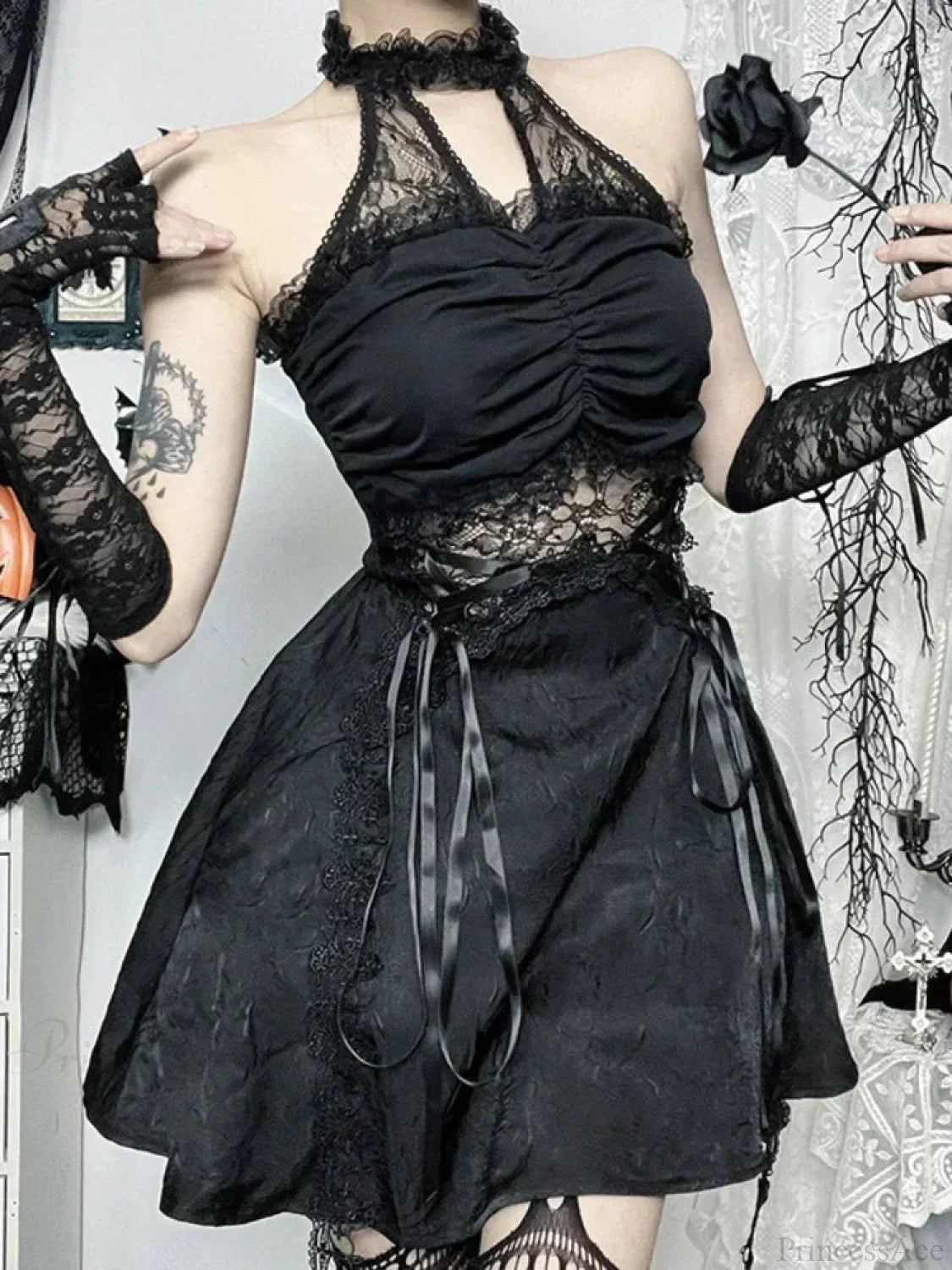 Lace Patchwork Halter Sleeveless Mini Dress 4