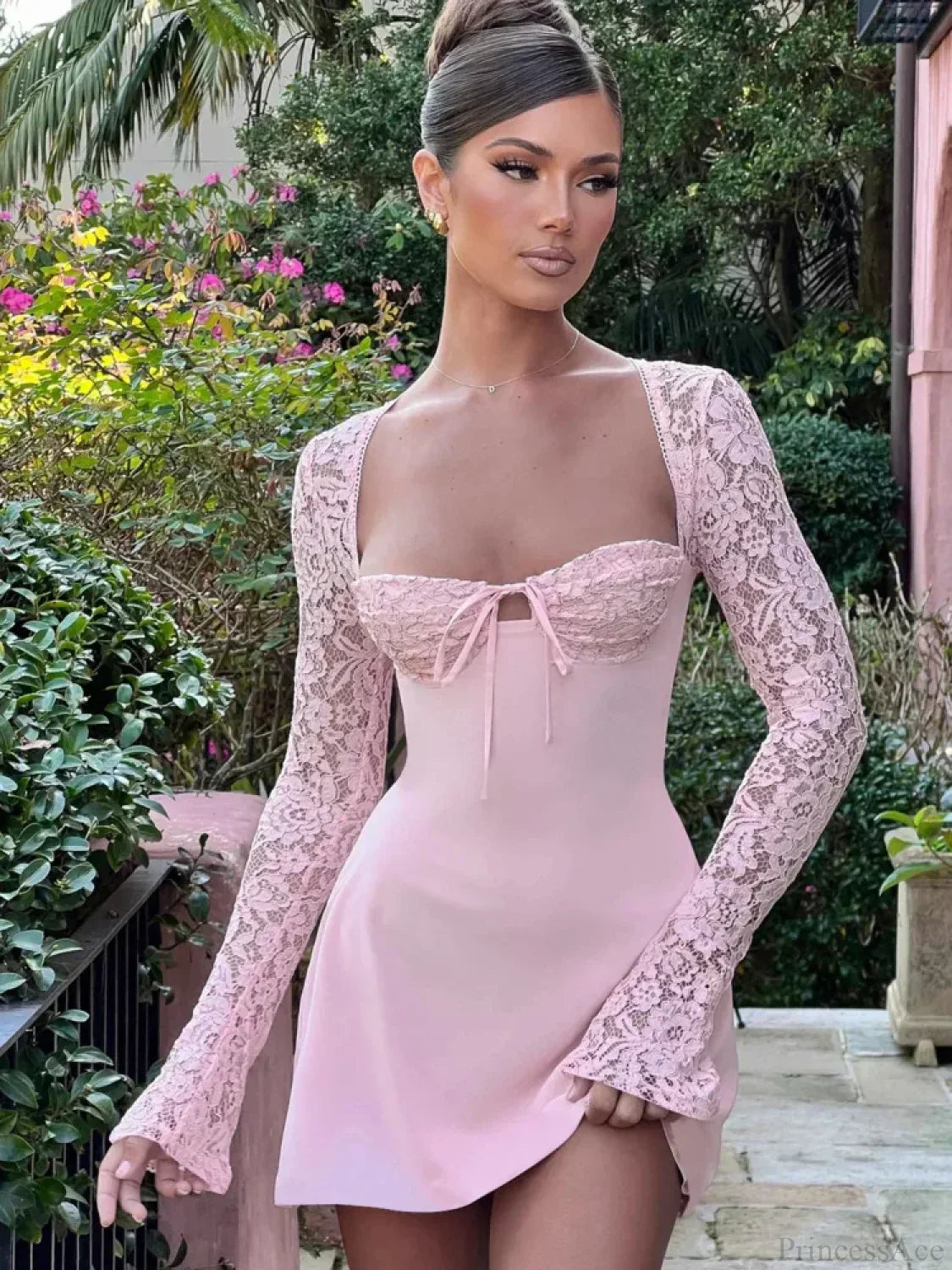 Lace Patchwork Long Sleeve Mini Dress - View 5