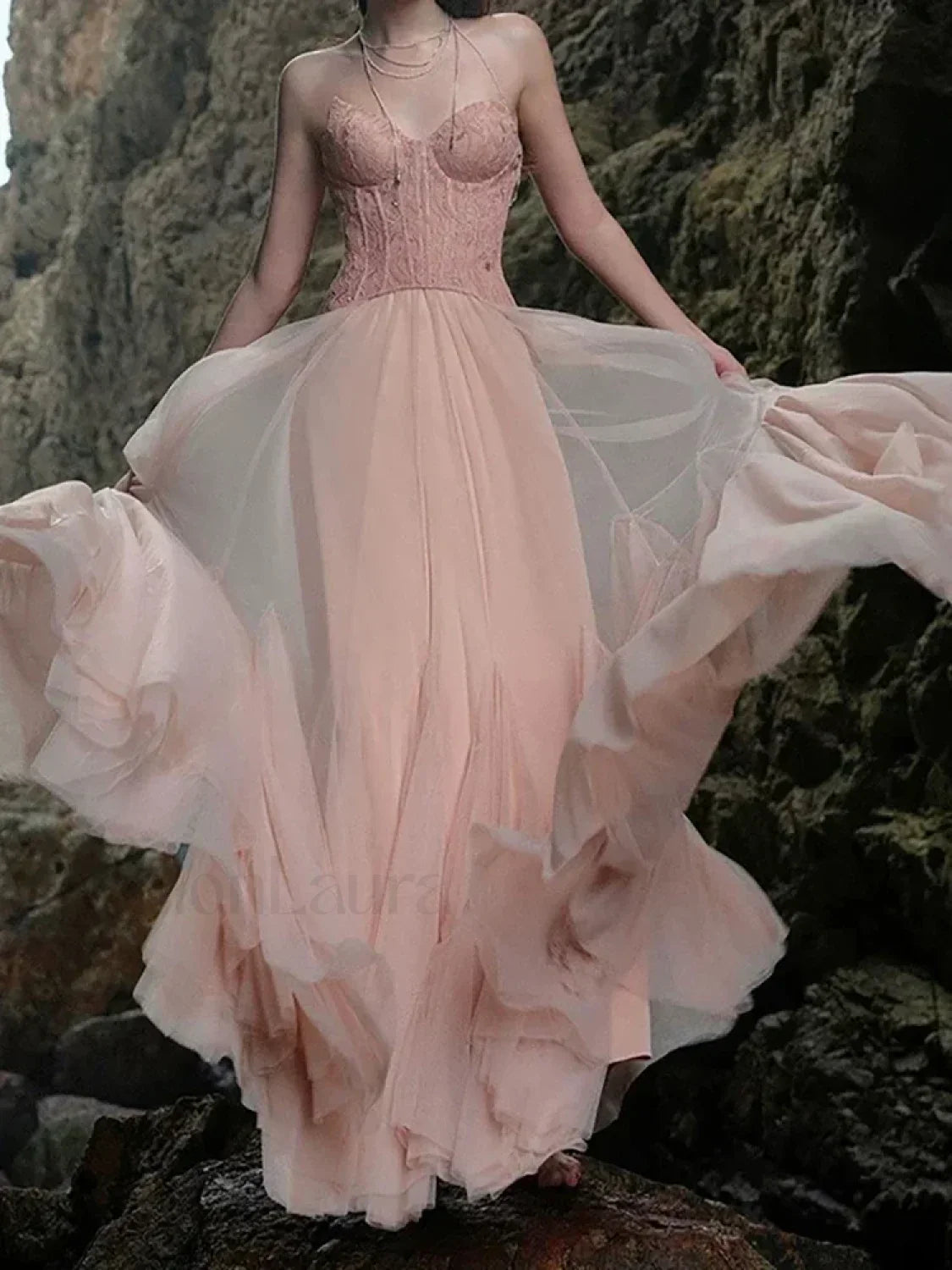 Lace Patchwork Pink Maxi Dress