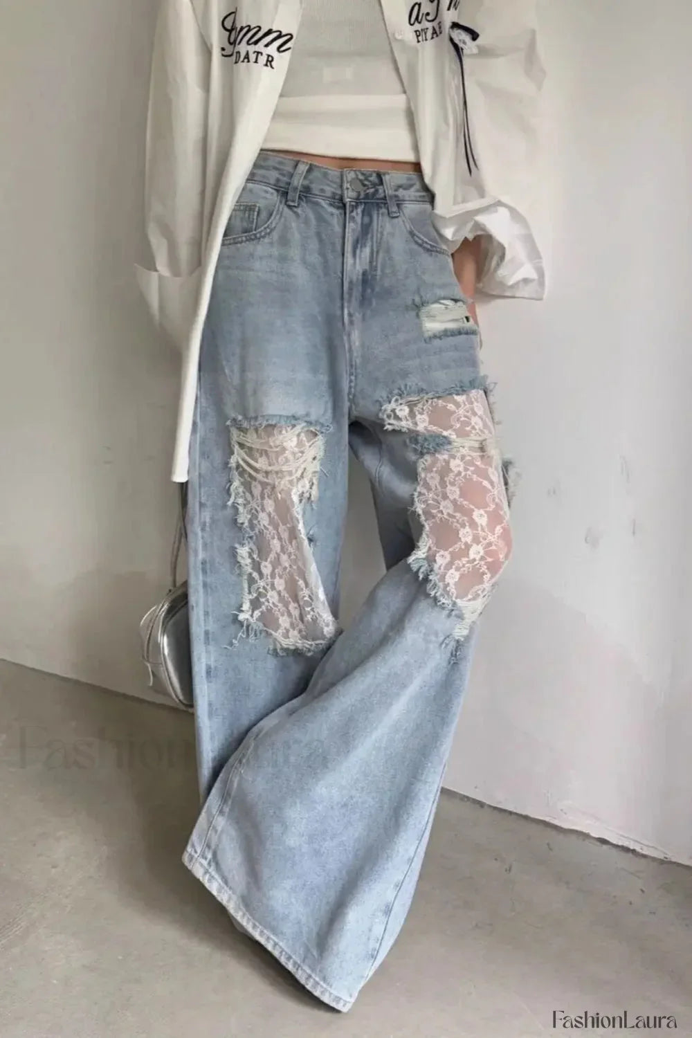 Lace Patchwork Ripped Loose Jeans